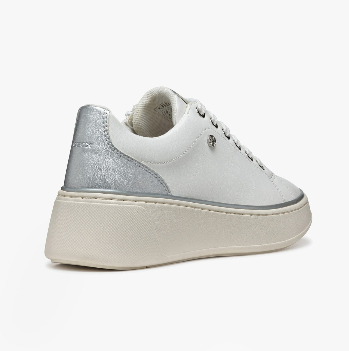 GEOX D SUNNETTY Womens Trainers White/Silver side view showcasing the low-top design and platform heel.