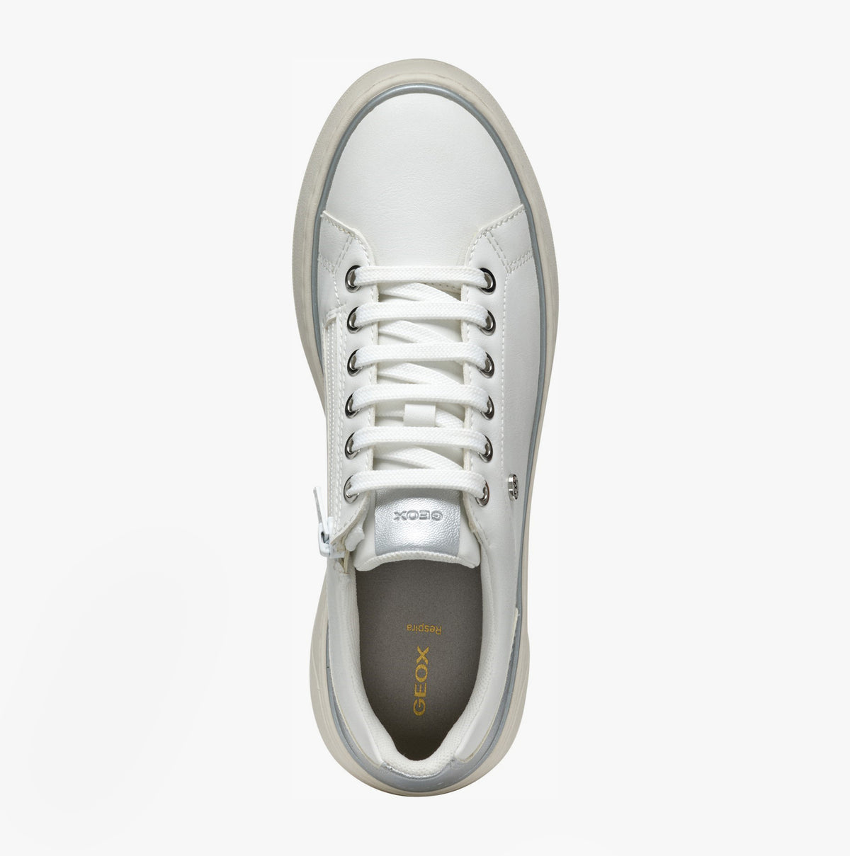 GEOX D SUNNETTY Womens Trainers White/Silver top view showcasing lace-up design and faux leather upper.