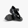 GEOX J CASEY GIRL Girls Black side view of shiny patent leather school shoes with bow detail.