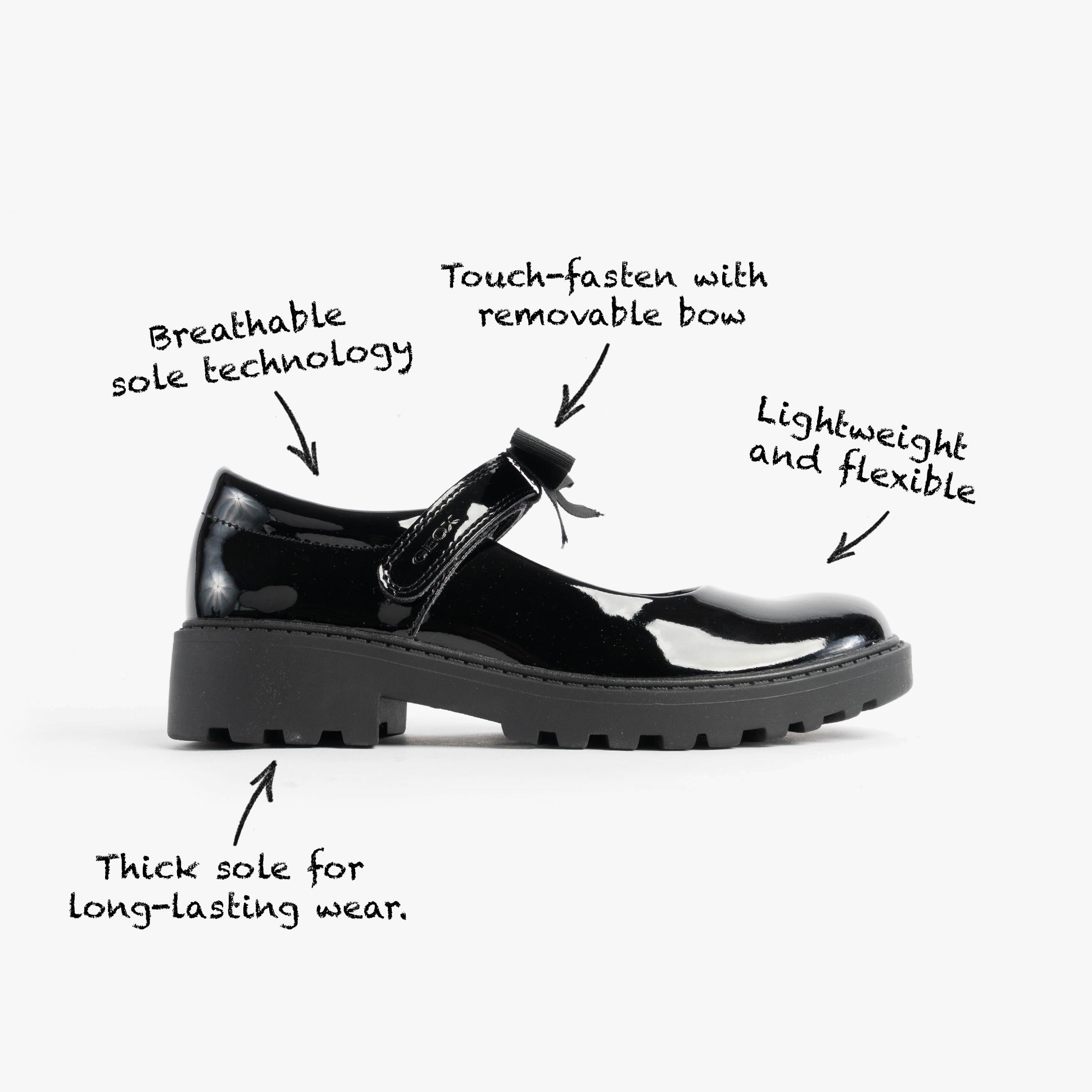 GEOX J CASEY GIRL Girls Black shoe side view showcasing patent leather design and touch-fastening with bow.