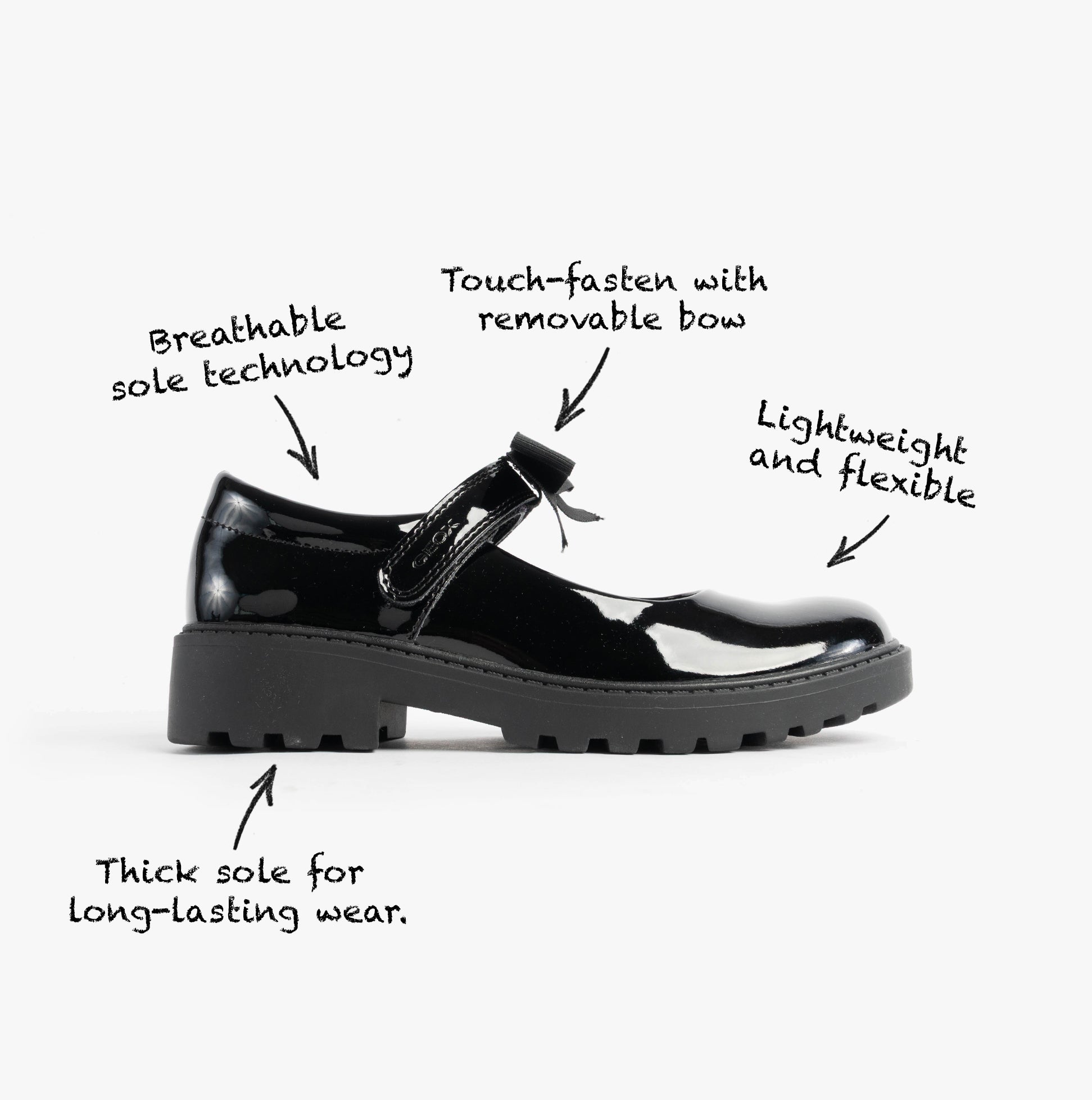 GEOX J CASEY GIRL Girls Black shoe side view showcasing patent leather design and touch-fastening with bow.