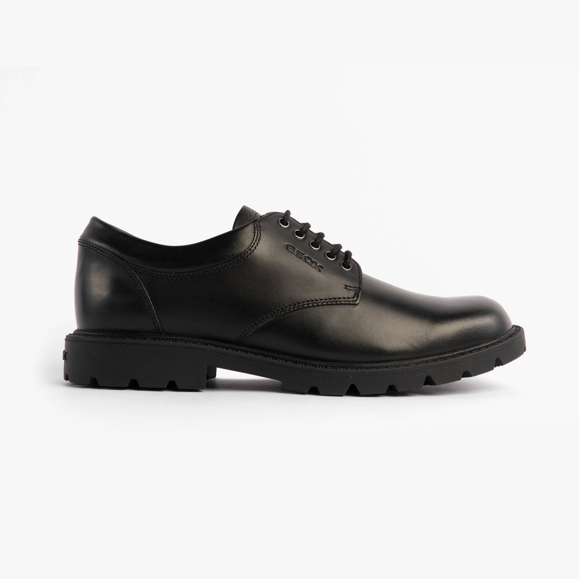 GEOX SHAYLAX Boys School Shoes Black side view showcasing leather upper and lace-up closure.