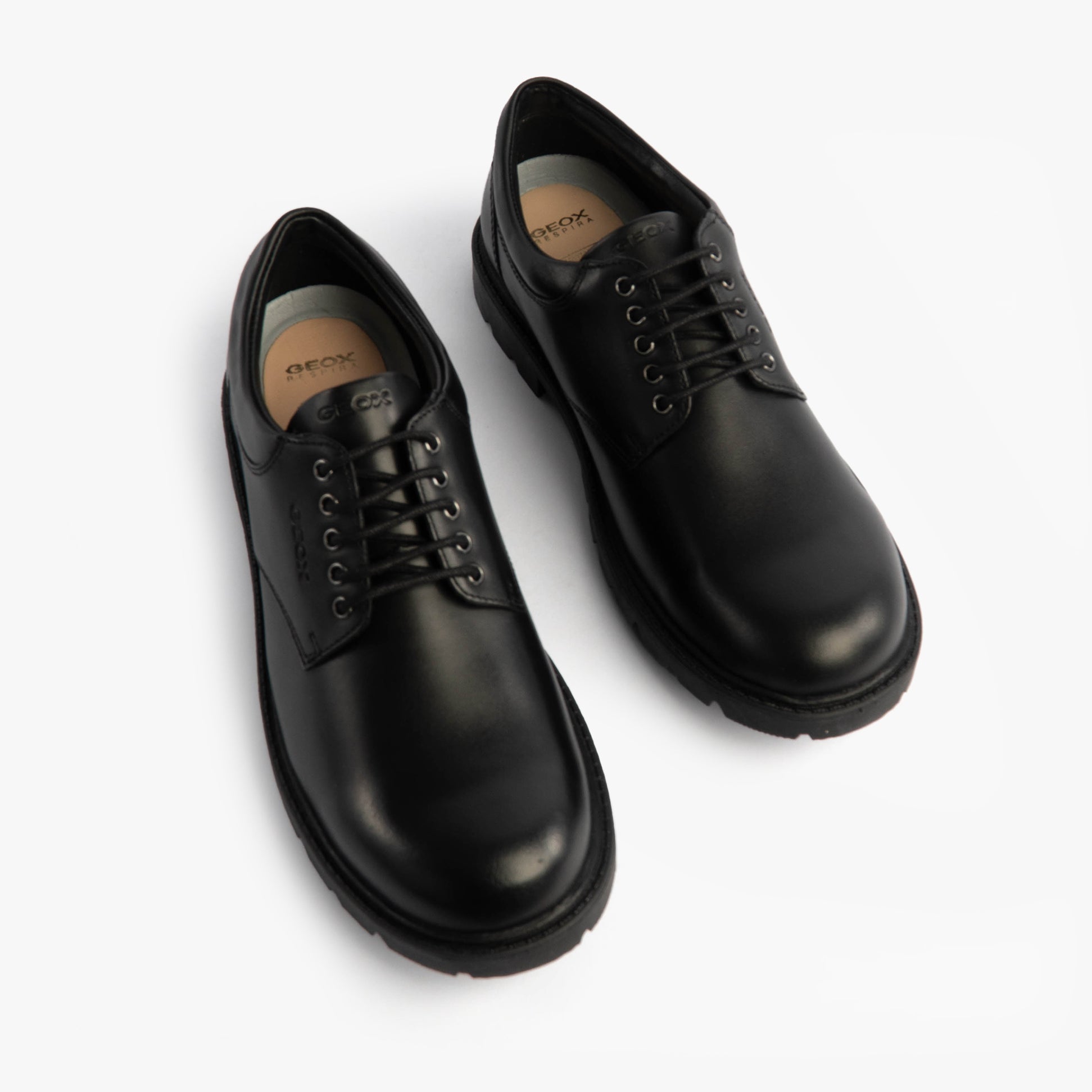 GEOX SHAYLAX Boys School Shoes Black top view with lace-up closure and round toe design, showcasing black leather upper.