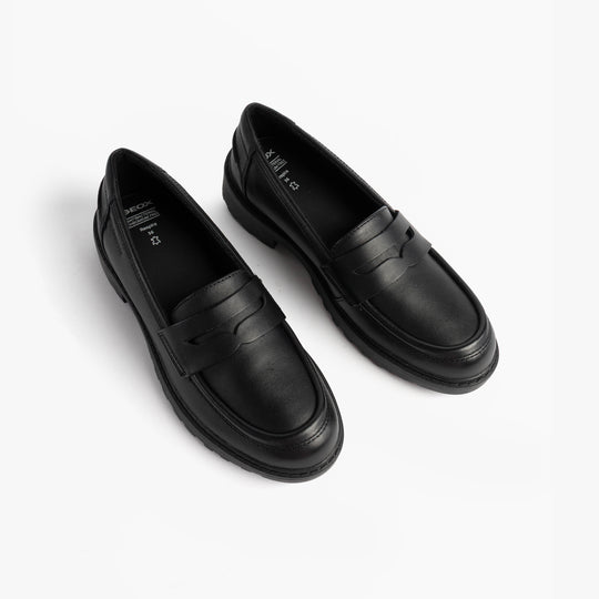GEOX J CASEY GIRL Girls Black slip-on shoes top view, comfortable and breathable school shoes for girls.