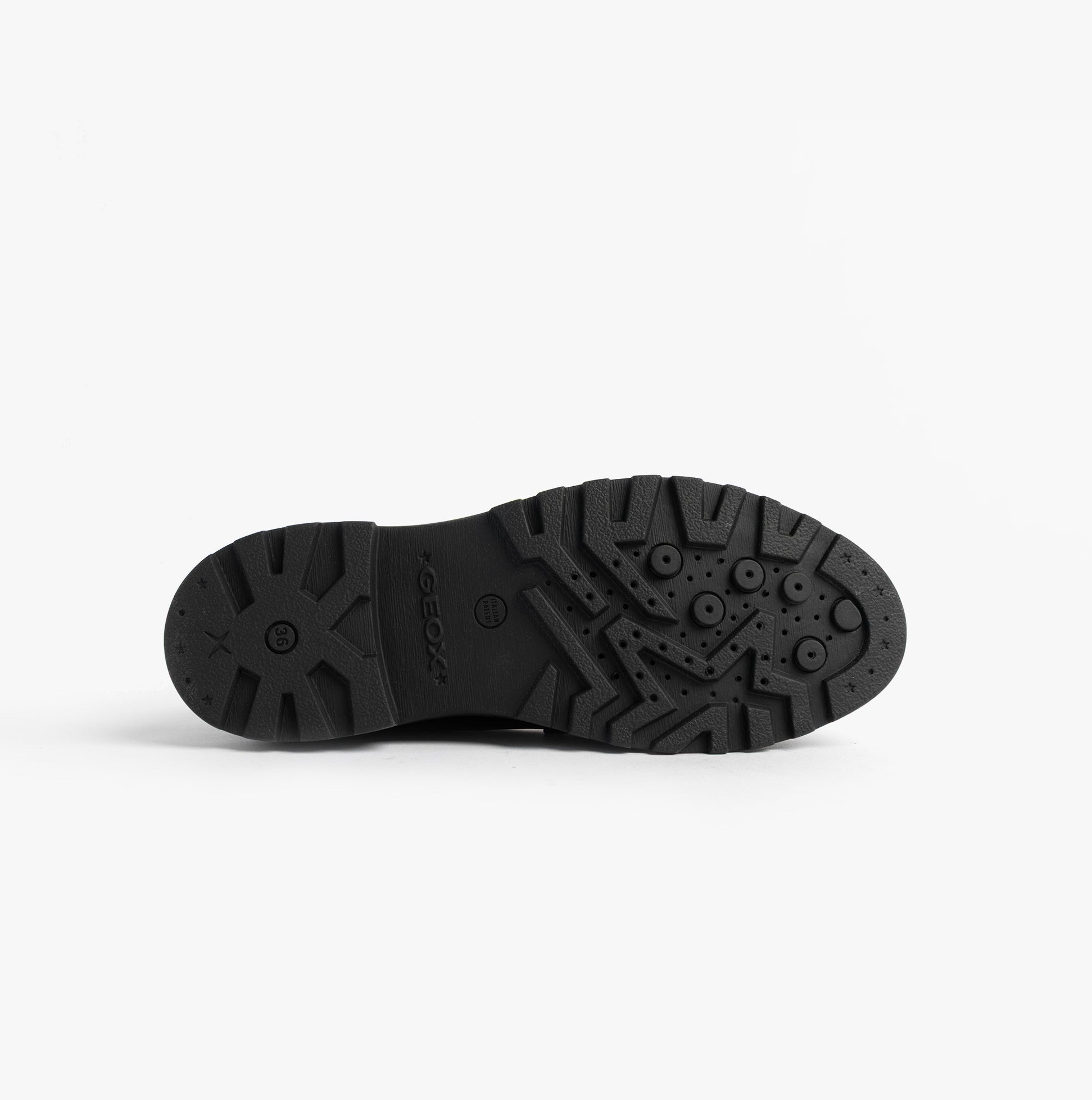 GEOX J CASEY GIRL Girls Black shoe sole view, featuring a textured black synthetic bottom for grip and durability.