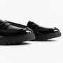 GEOX J CASEY GIRL Girls Black slip-on school shoes, side view, featuring shiny synthetic upper and durable sole.