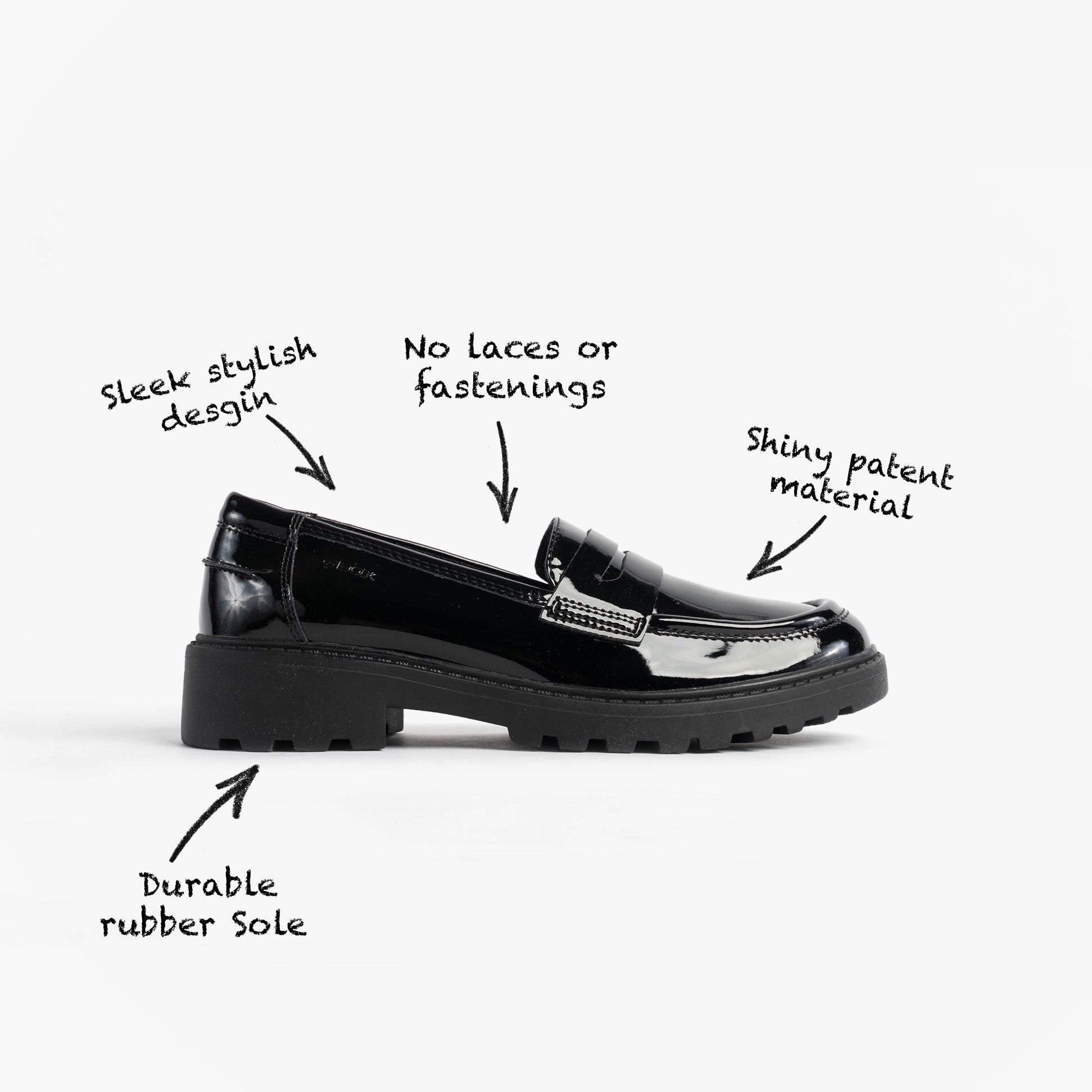 GEOX J CASEY GIRL Girls Black side view showing sleek design, patent material, and durable rubber sole.
