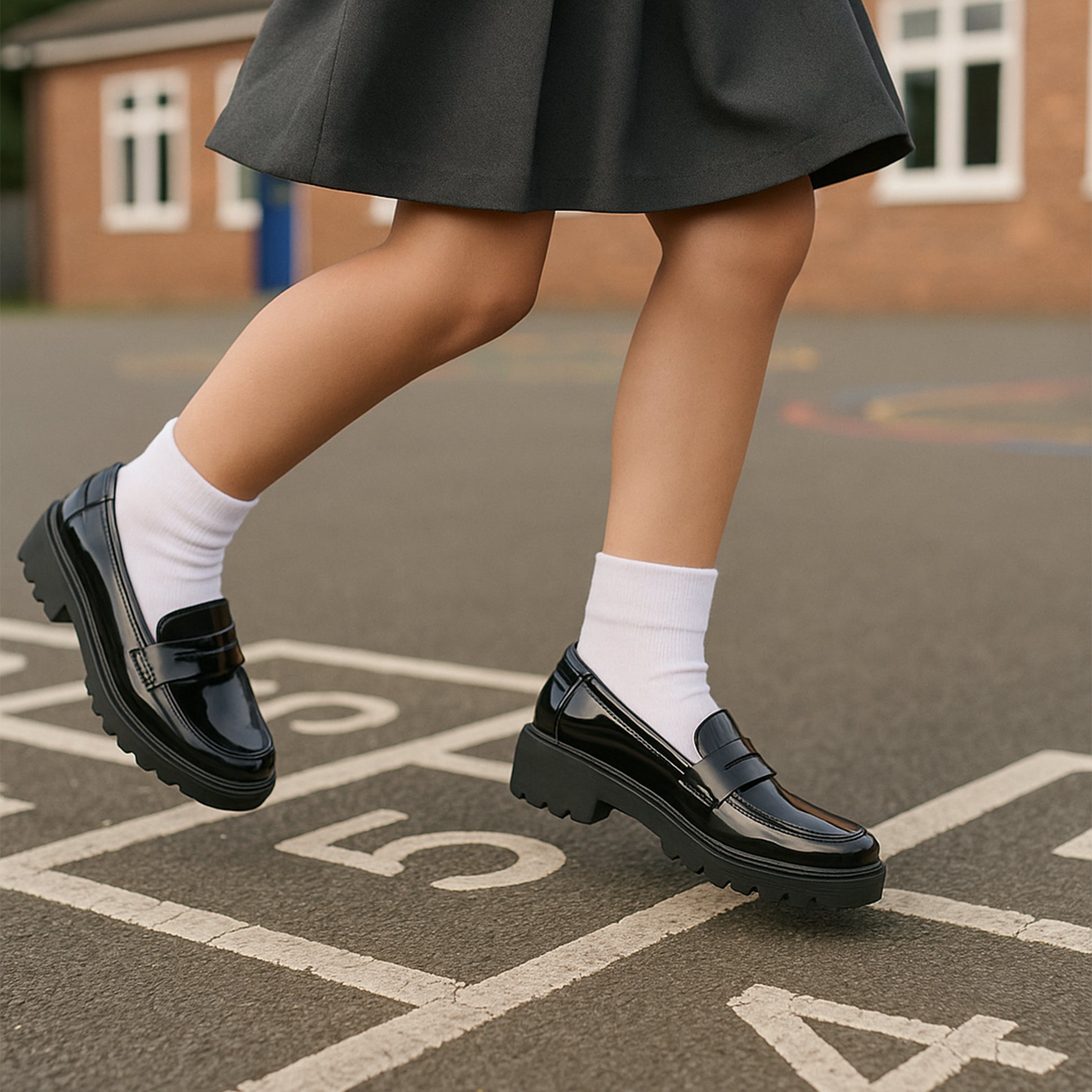 GEOX J CASEY GIRL Girls Black shoe side view worn by girl in school uniform on playground.