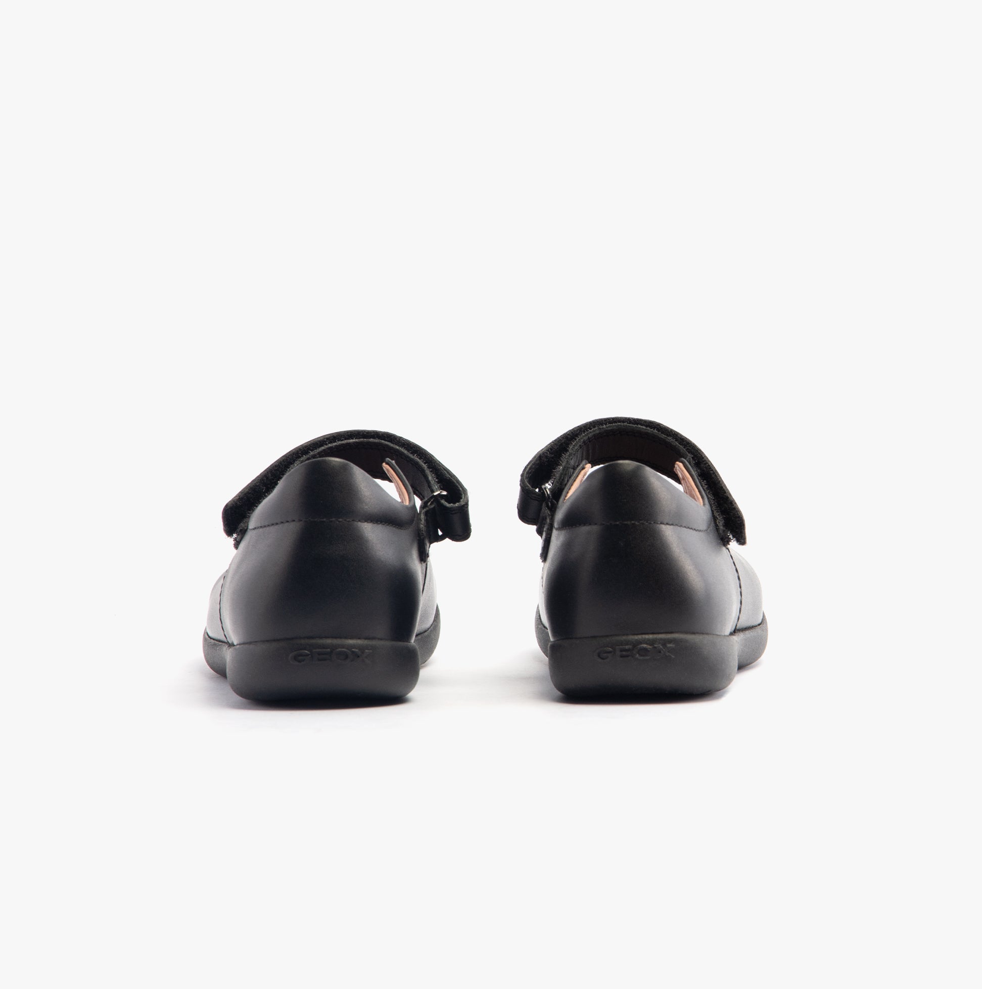 GEOX J NAIMARA Girls Shoes Black, back view, black leather school shoes with touch fasten straps.