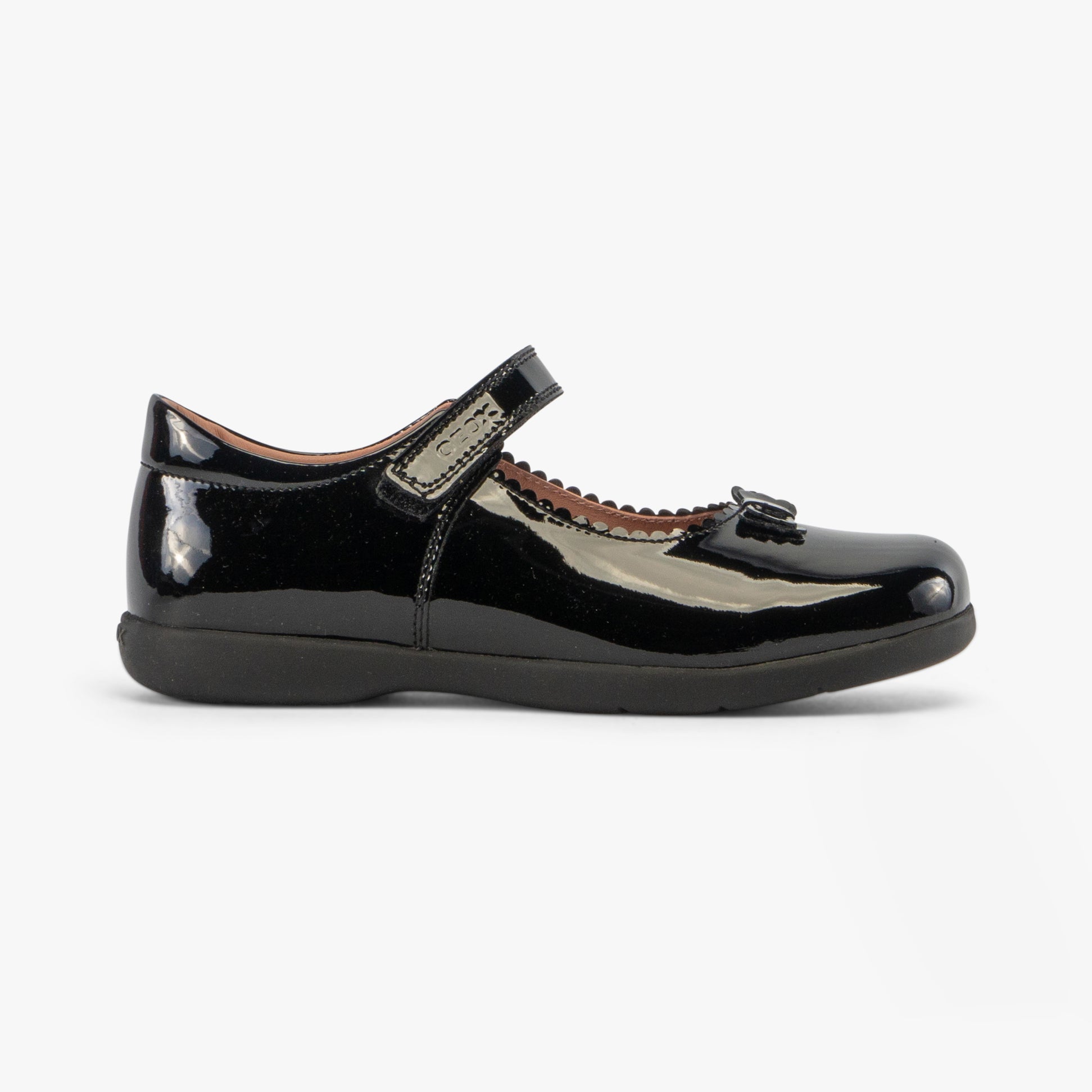 GEOX J NAIMARA Girls Shoes Black side view with touch fasten and round toe design.