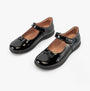 GEOX J NAIMARA Girls Shoes Black front view, stylish black leather school shoes with touch fasten closure.