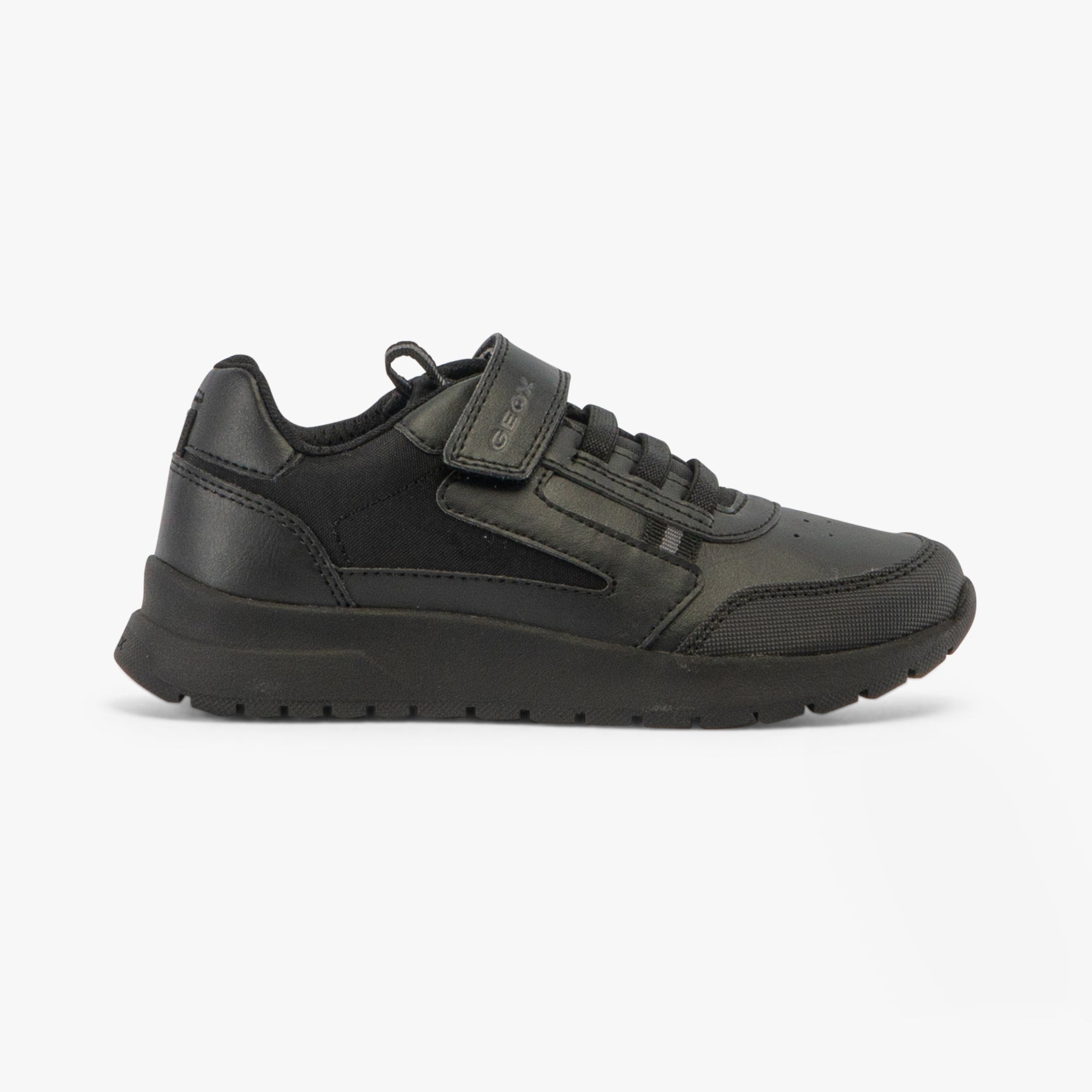 GEOX J BRIEZEE Boys Trainers Black side view showing lace-up design and synthetic leather upper.