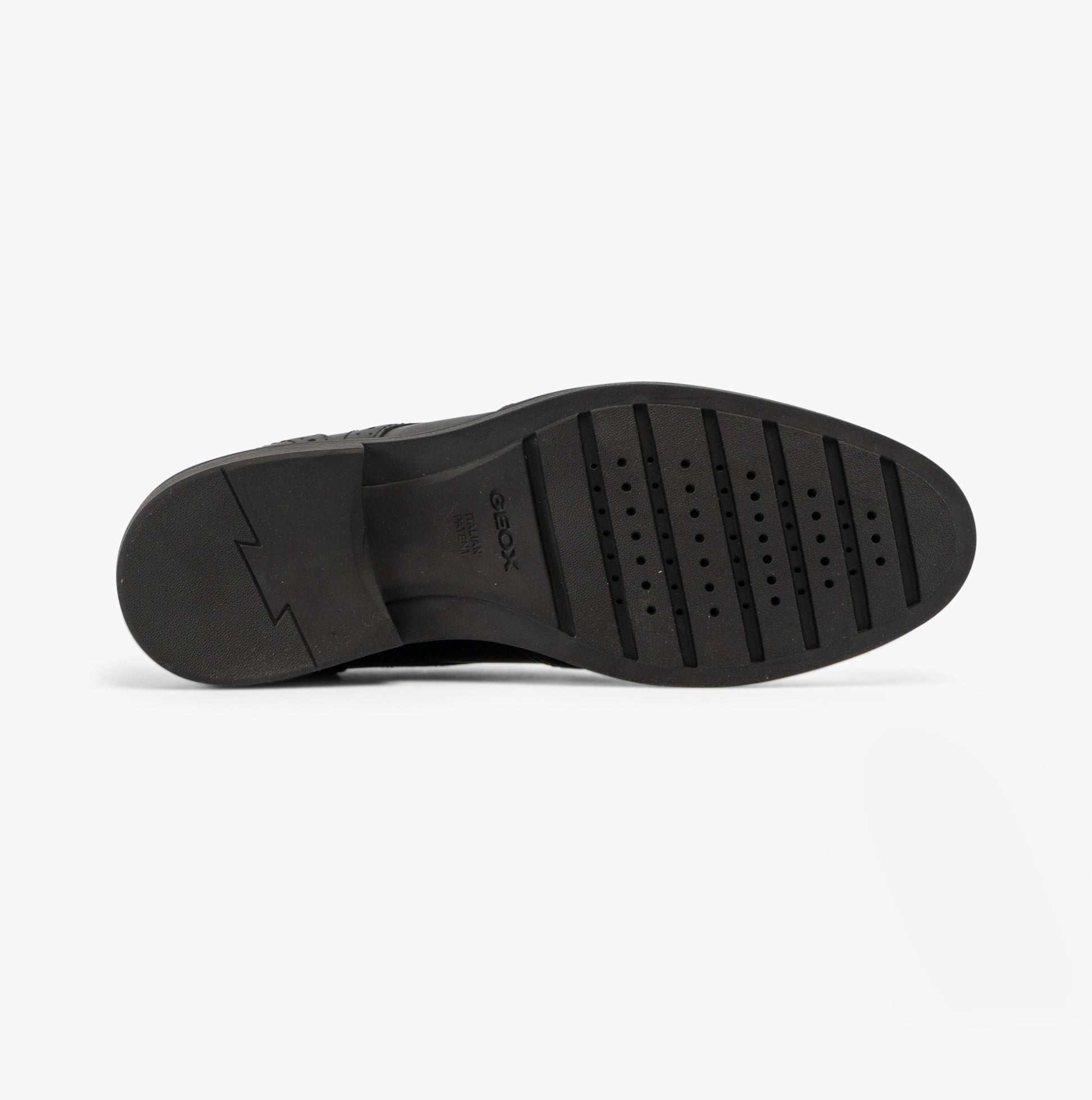 GEOX J ZHEENO Boys Shoes Black bottom view showing detailed sole design and traction features.