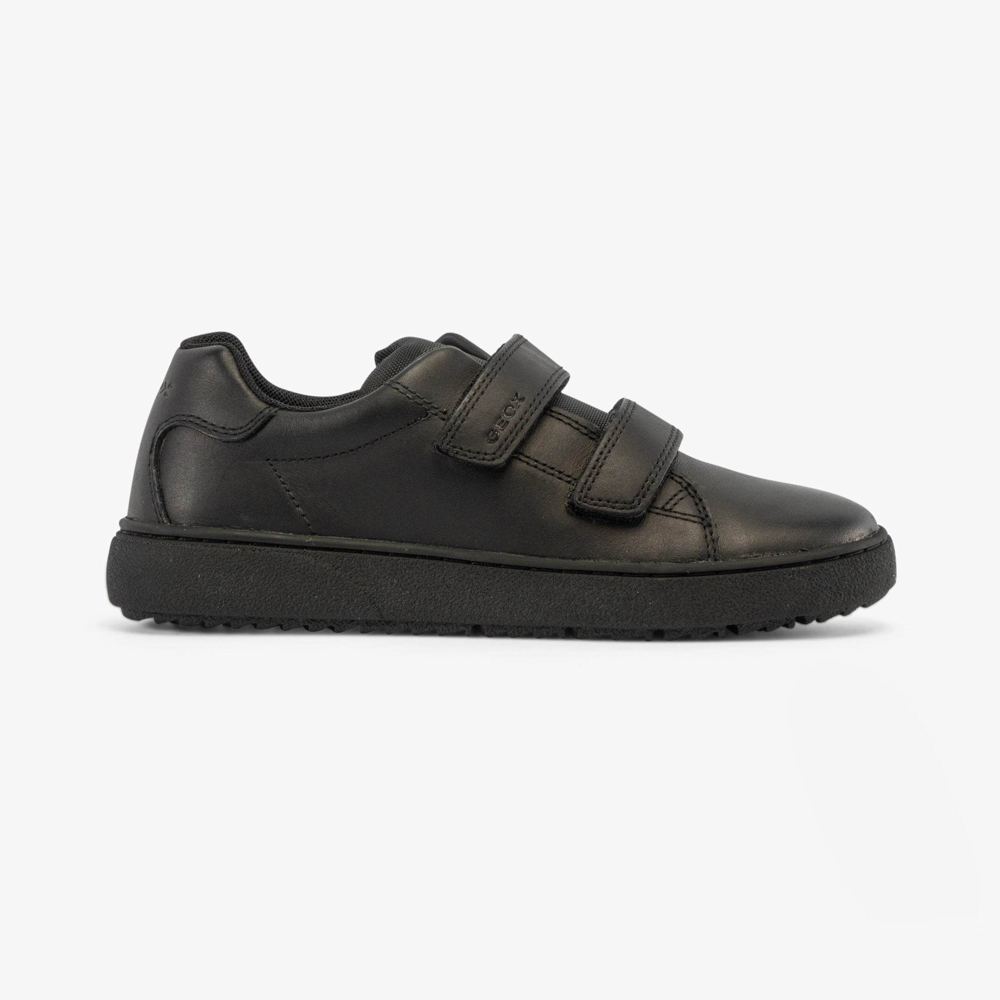 GEOX J THELEVEN Boys Trainers Black side view, black leather school shoes with touch fasten straps.