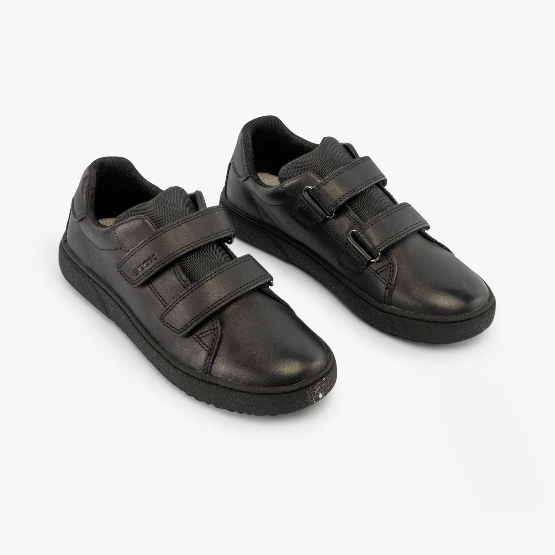 GEOX J THELEVEN Boys Trainers Black front view showing touch fasten straps and sleek design.
