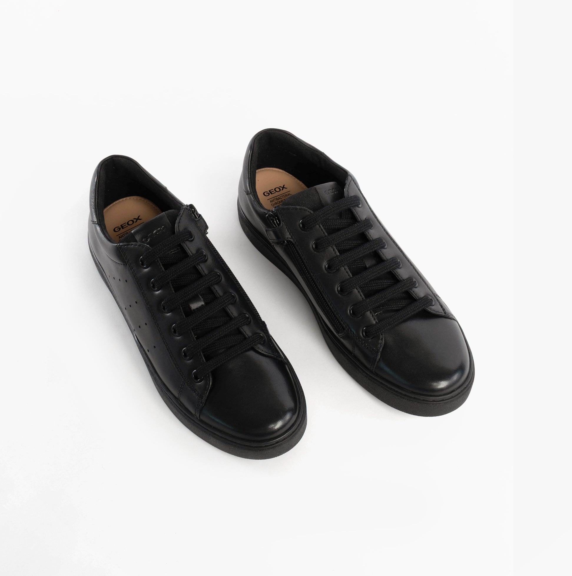 GEOX J NASHIK Lace Up Kids Shoes Black top view showcasing leather upper, round toe, lace-up closure, and breathable design.