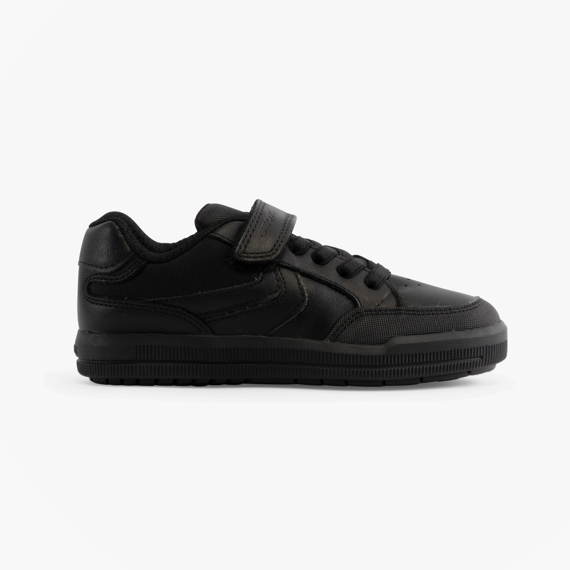 GEOX J ARZACH Boys School Shoes Black side view showcasing leather upper and touch fasten closure.