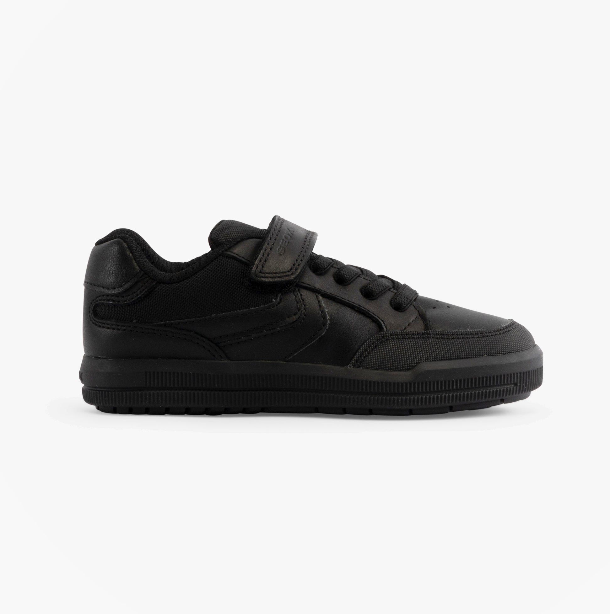 GEOX J ARZACH Boys School Shoes Black side view showcasing leather upper and touch fasten closure.