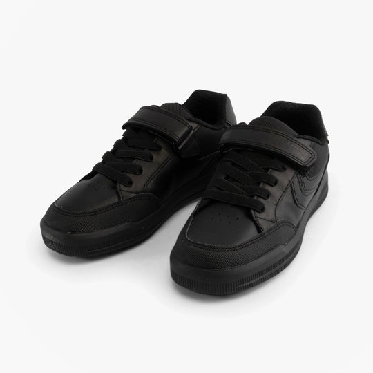 GEOX J ARZACH Boys School Shoes Black side view showcasing leather and textile upper, touch fastening, and rubber sole.