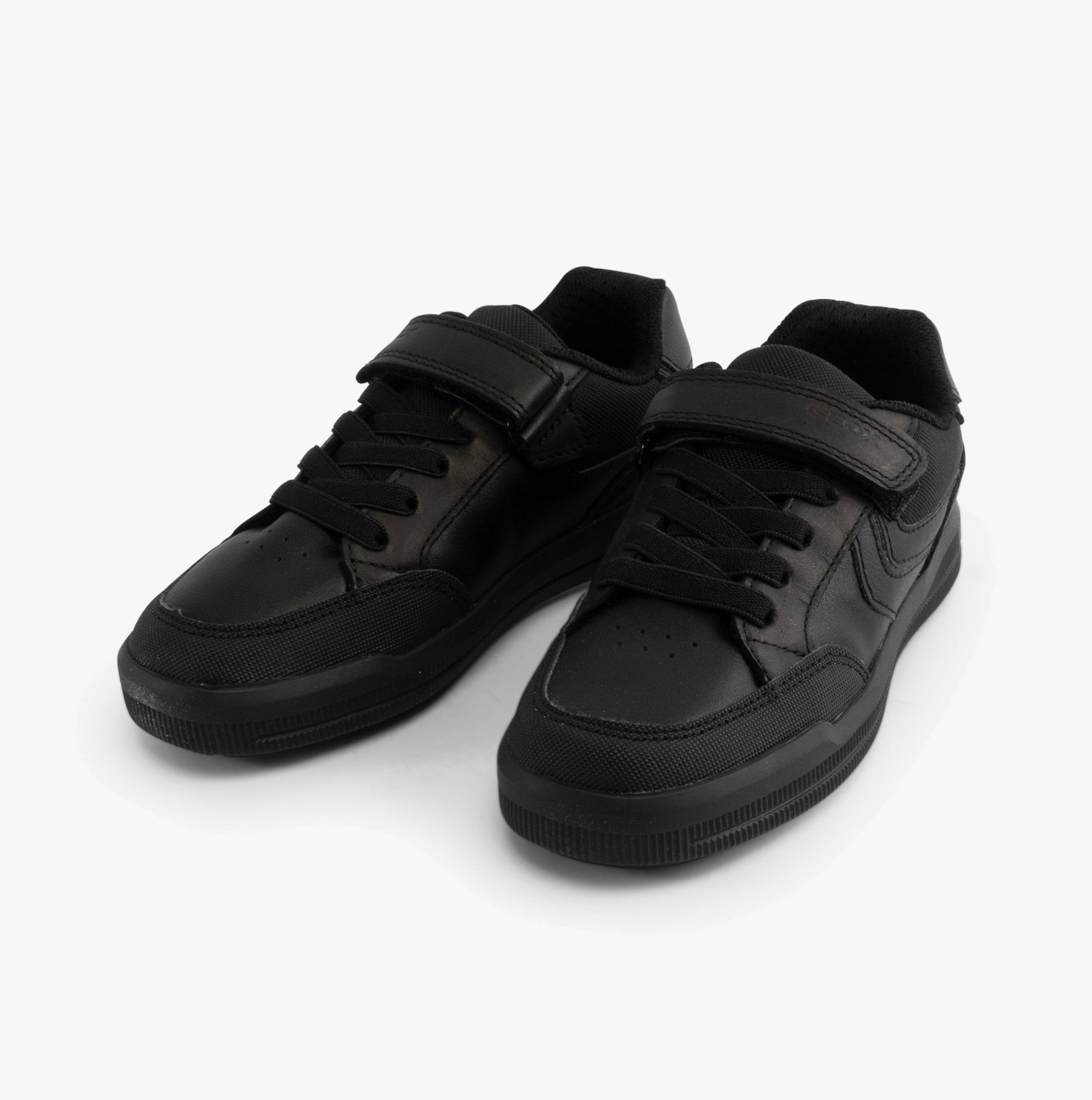 GEOX J ARZACH Boys School Shoes Black side view showcasing leather and textile upper, touch fastening, and rubber sole.