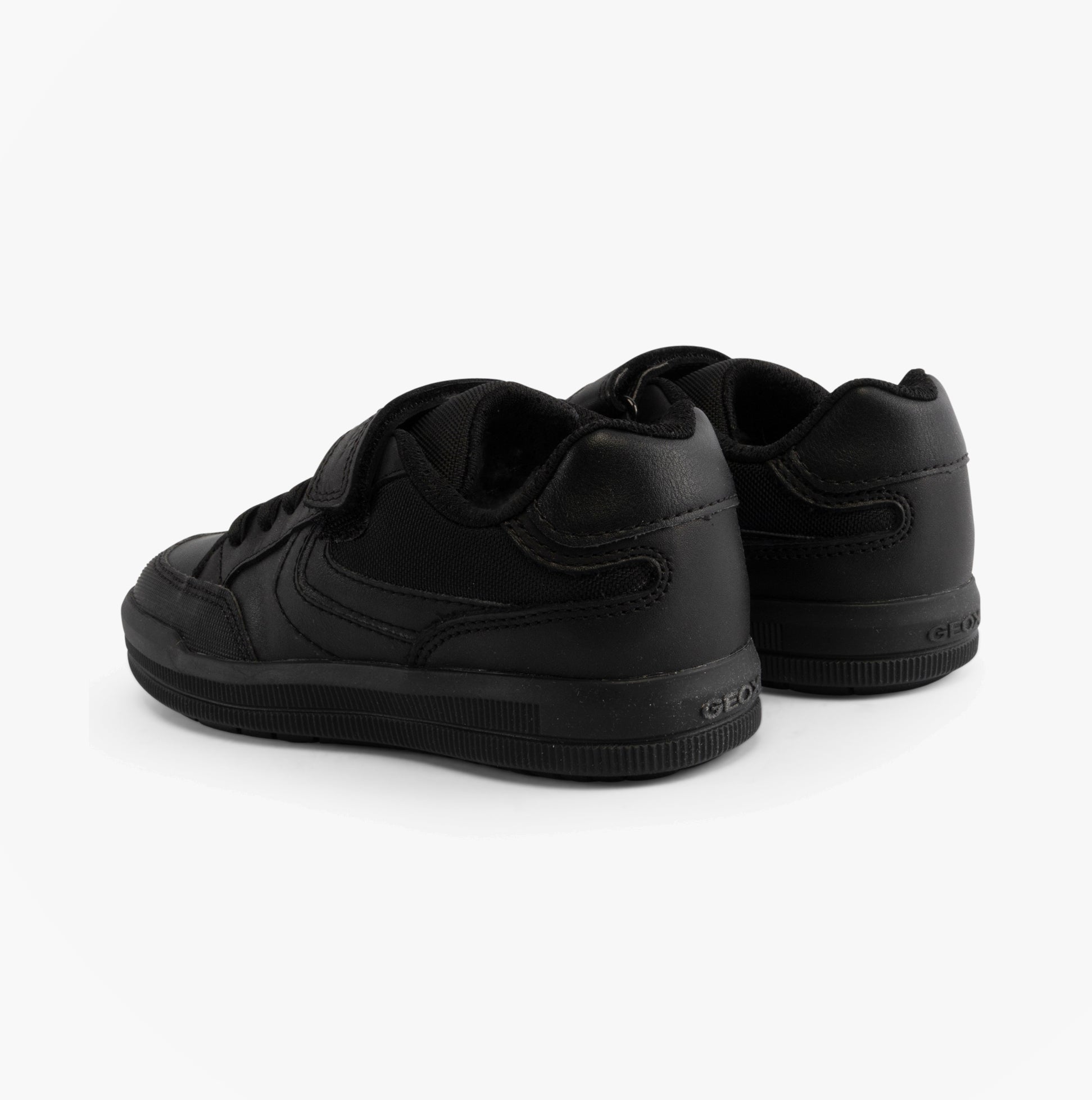 GEOX J ARZACH Boys School Shoes Black rear view showcasing black leather and textile materials.