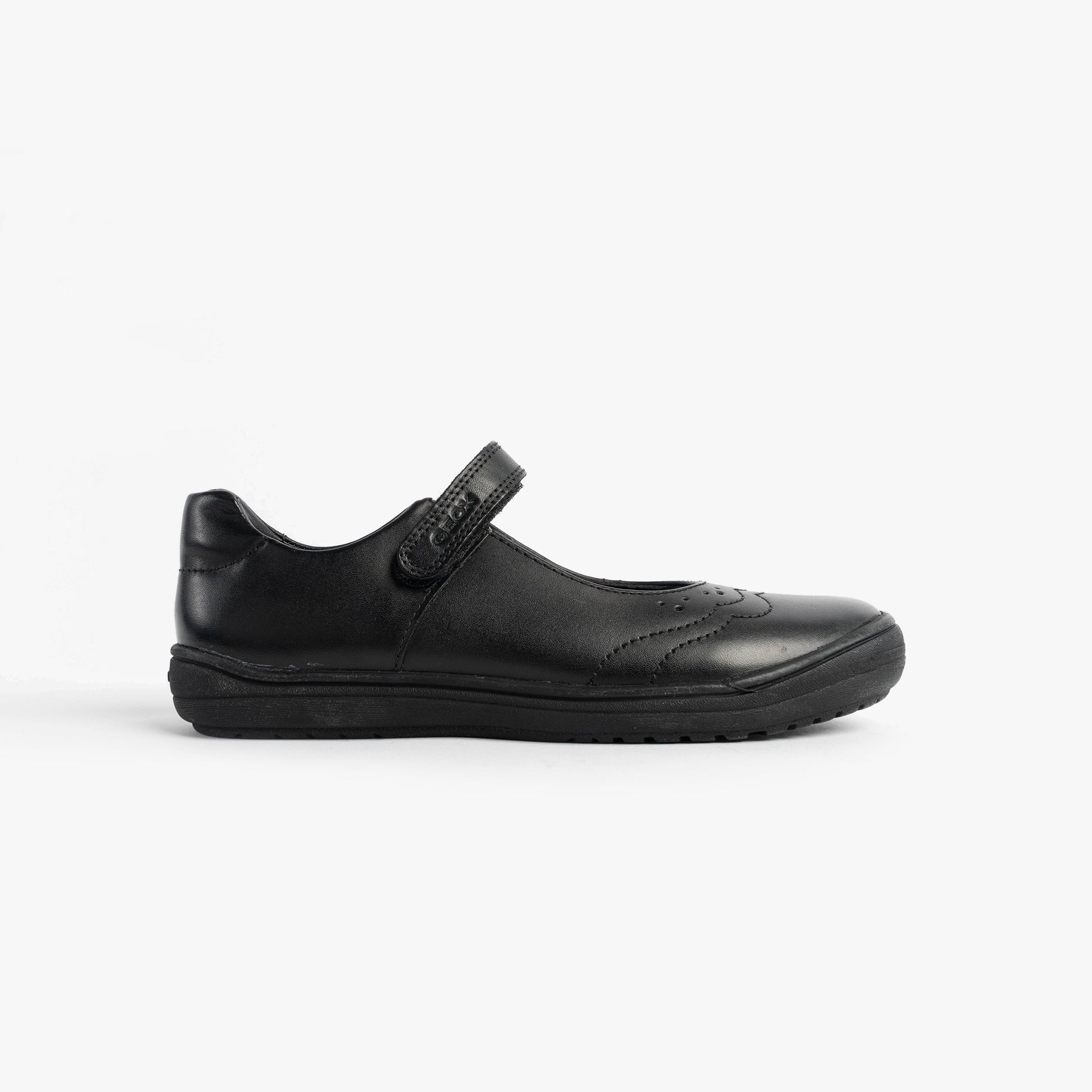 GEOX J HADRIEL GIRL Girls Black side view of black school shoe with touch fastening.