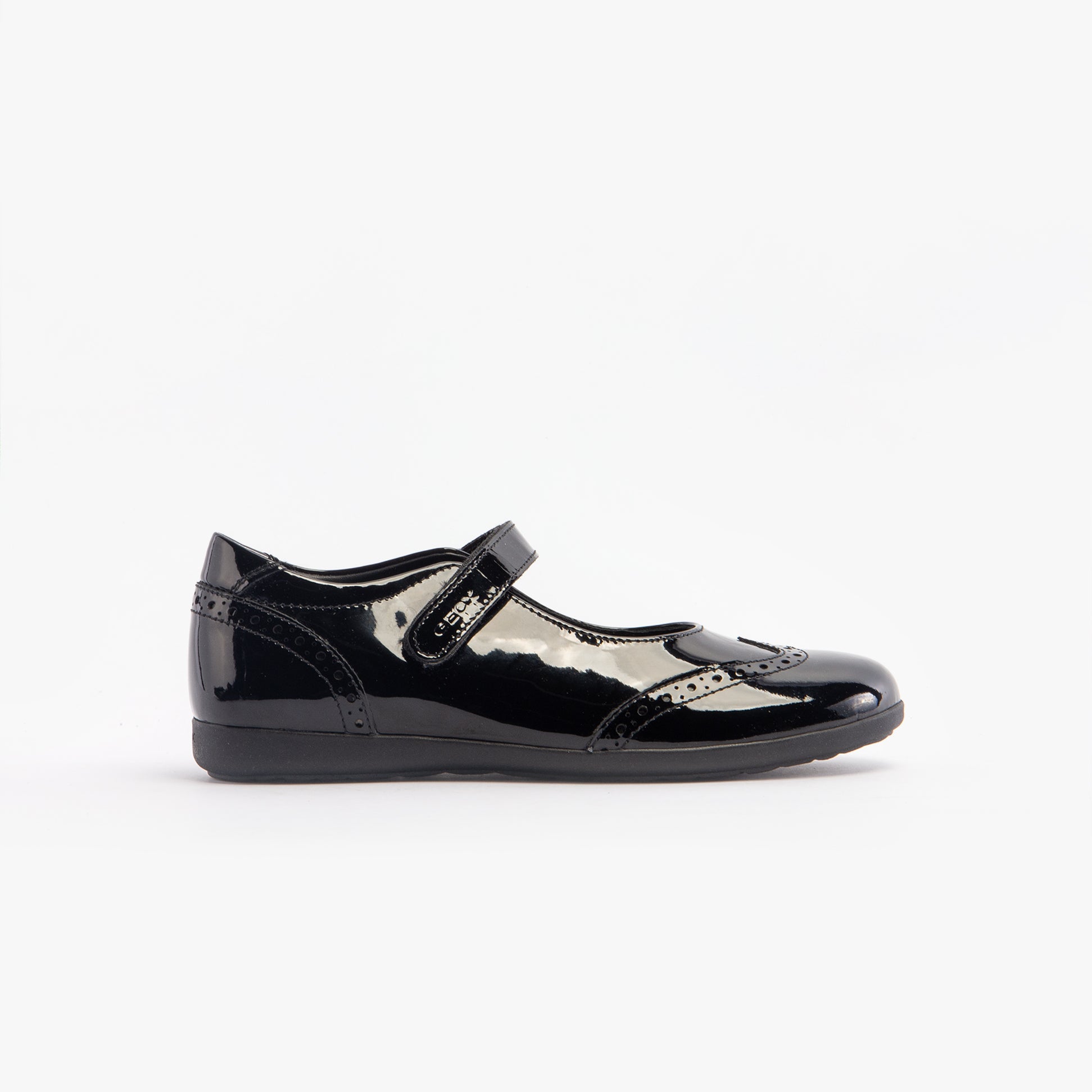 GEOX J IBERIDE Girls Shoes Black side view showcasing glossy patent leather finish.