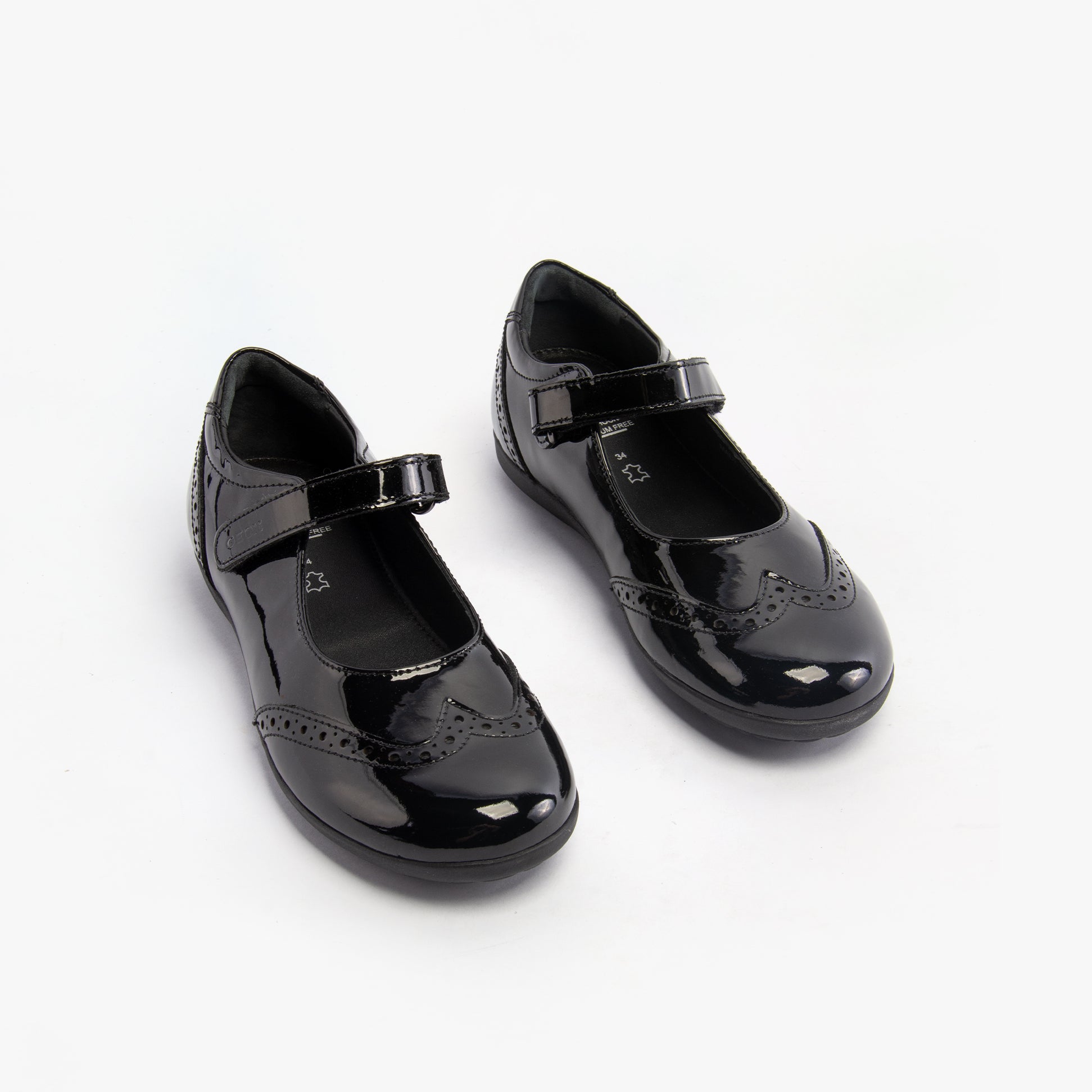 GEOX J IBERIDE Girls Shoes Black, front view, glossy black leather, touch fasten closure, round toe design.