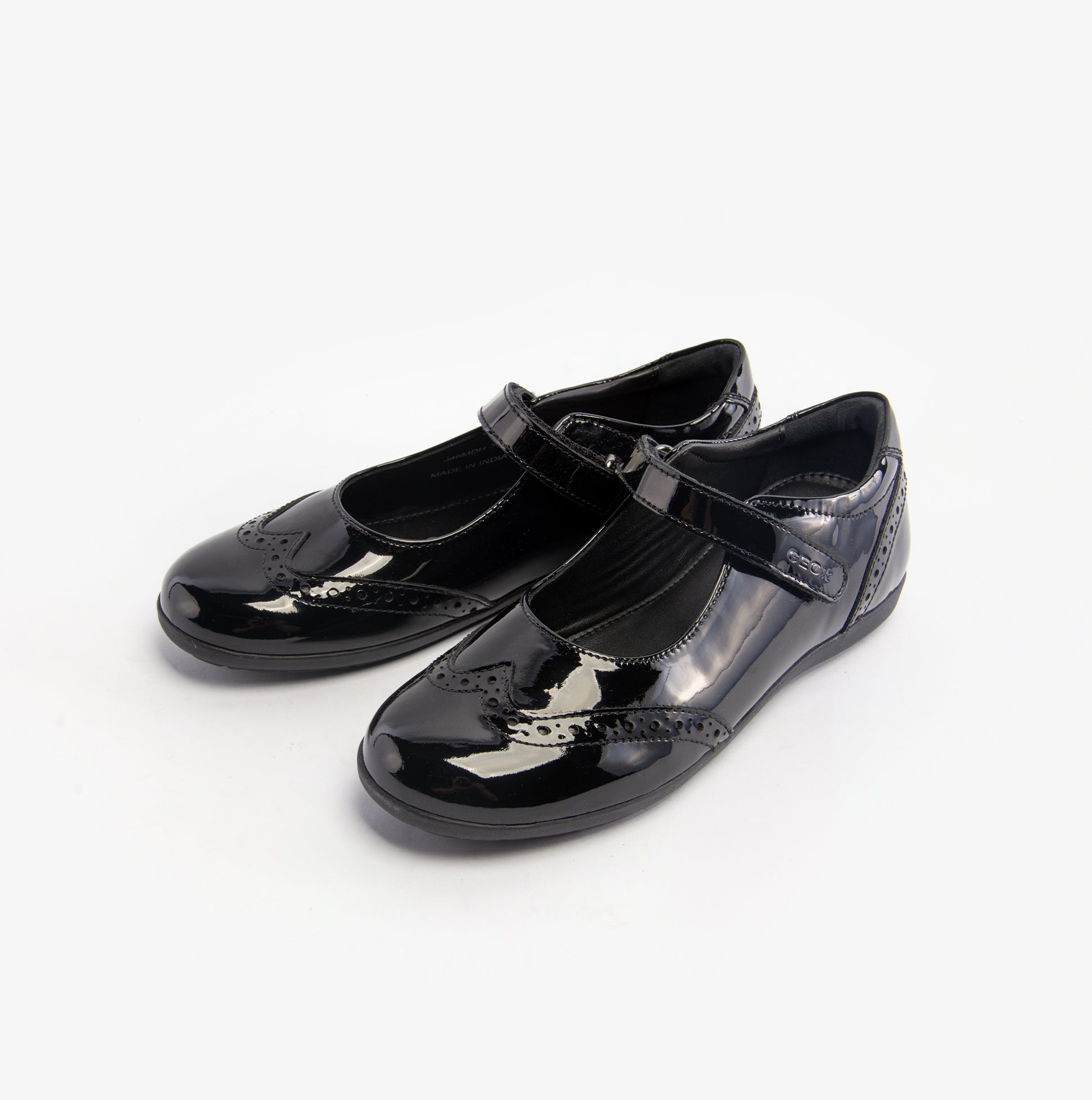 GEOX J IBERIDE Girls Shoes Black side view showcasing glossy leather and touch fasten strap.