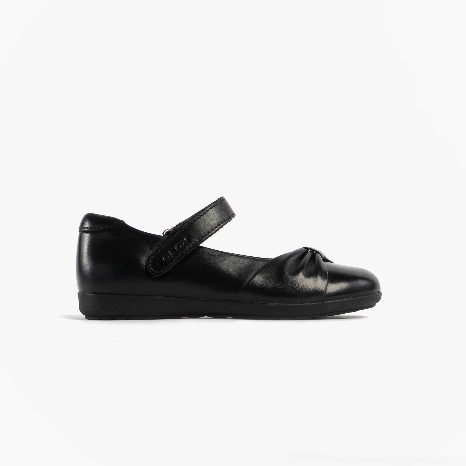 GEOX J IBERIDE Girls Mary Jane Shoes Black side view showing leather upper and touch fasten strap.