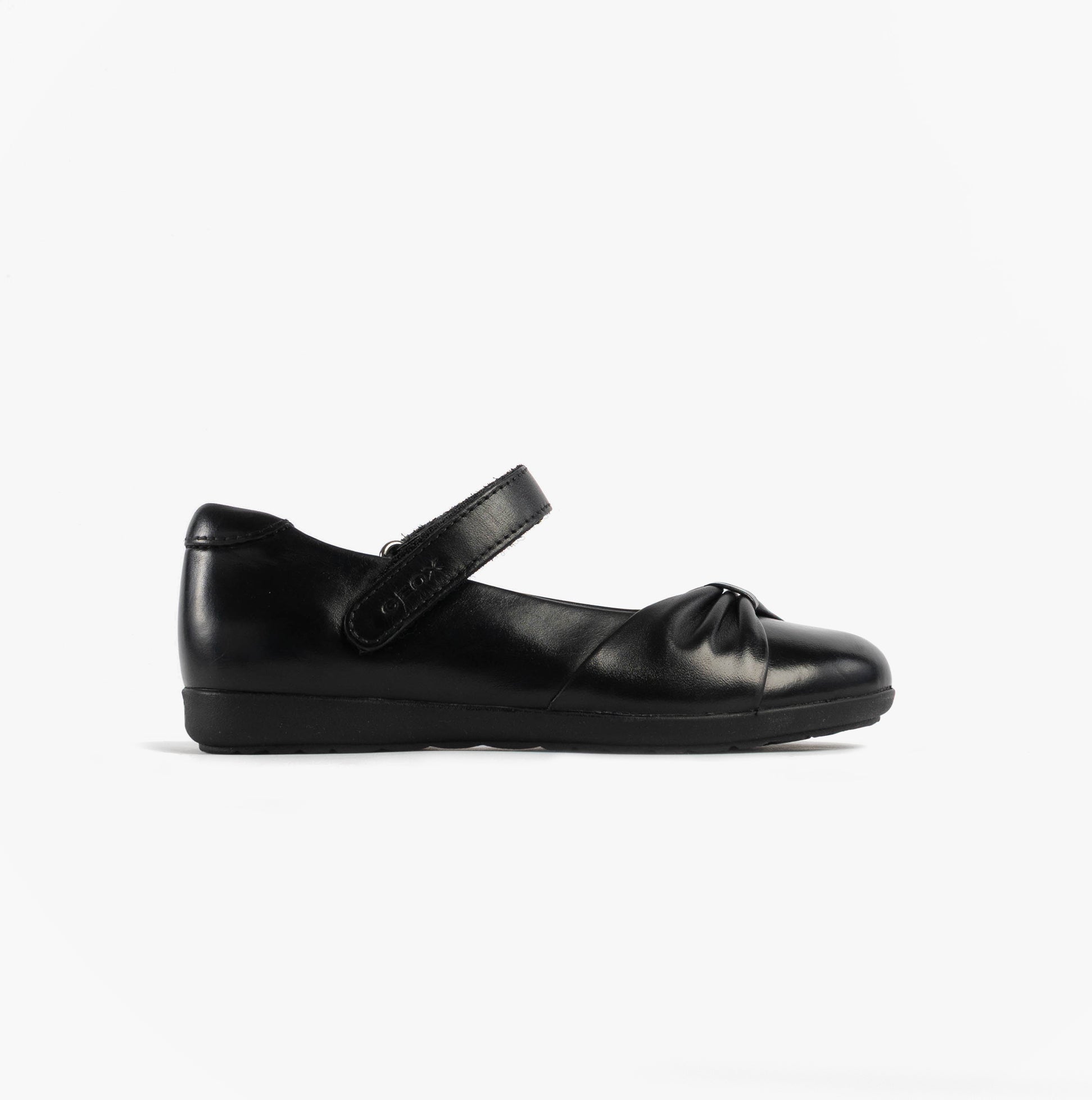 GEOX J IBERIDE Girls Mary Jane Shoes Black side view showing leather upper and touch fasten strap.