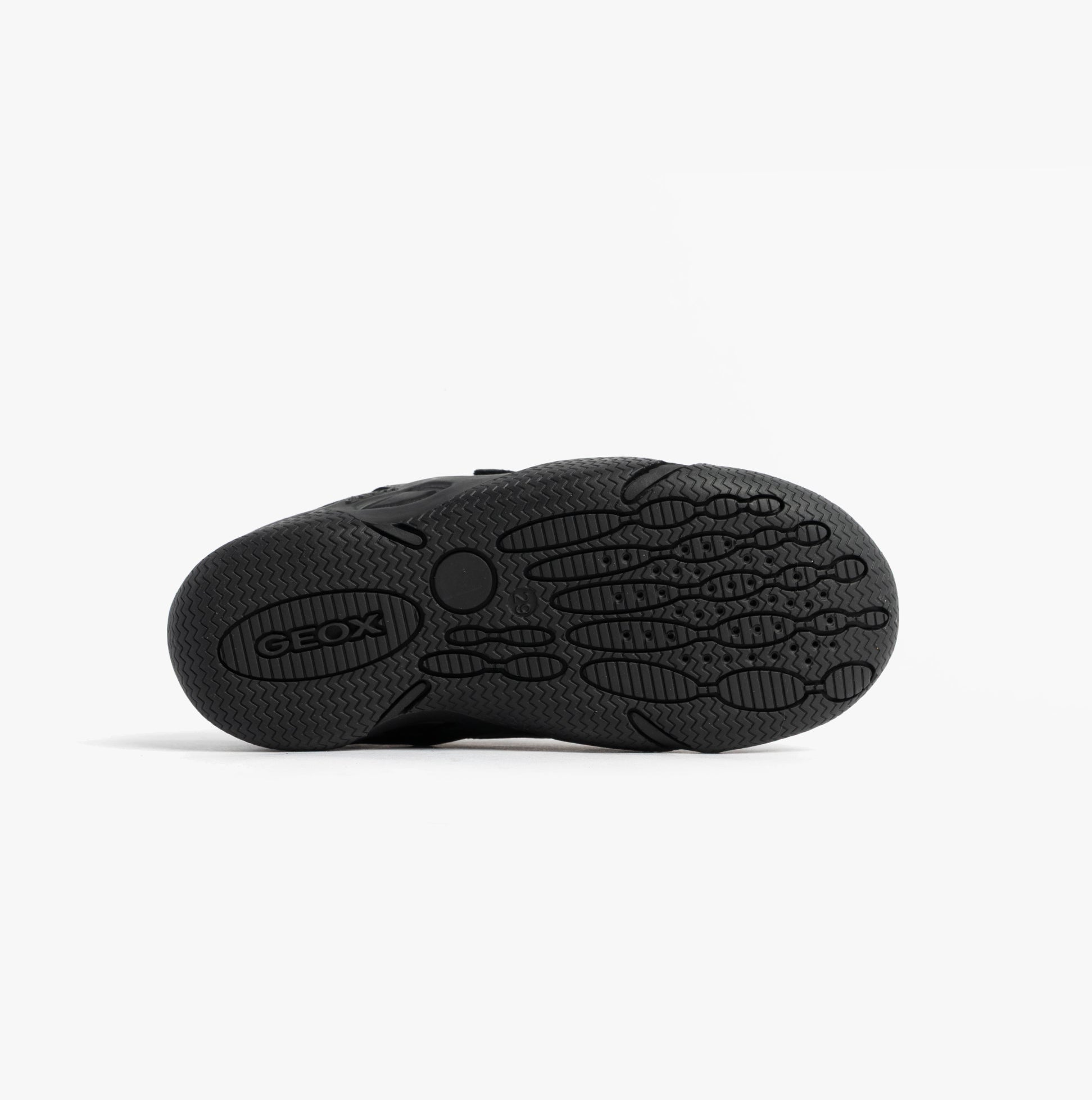 GEOX JR WADER Unisex Kids Black shoe bottom view showcasing the textured rubber sole for grip and durability.