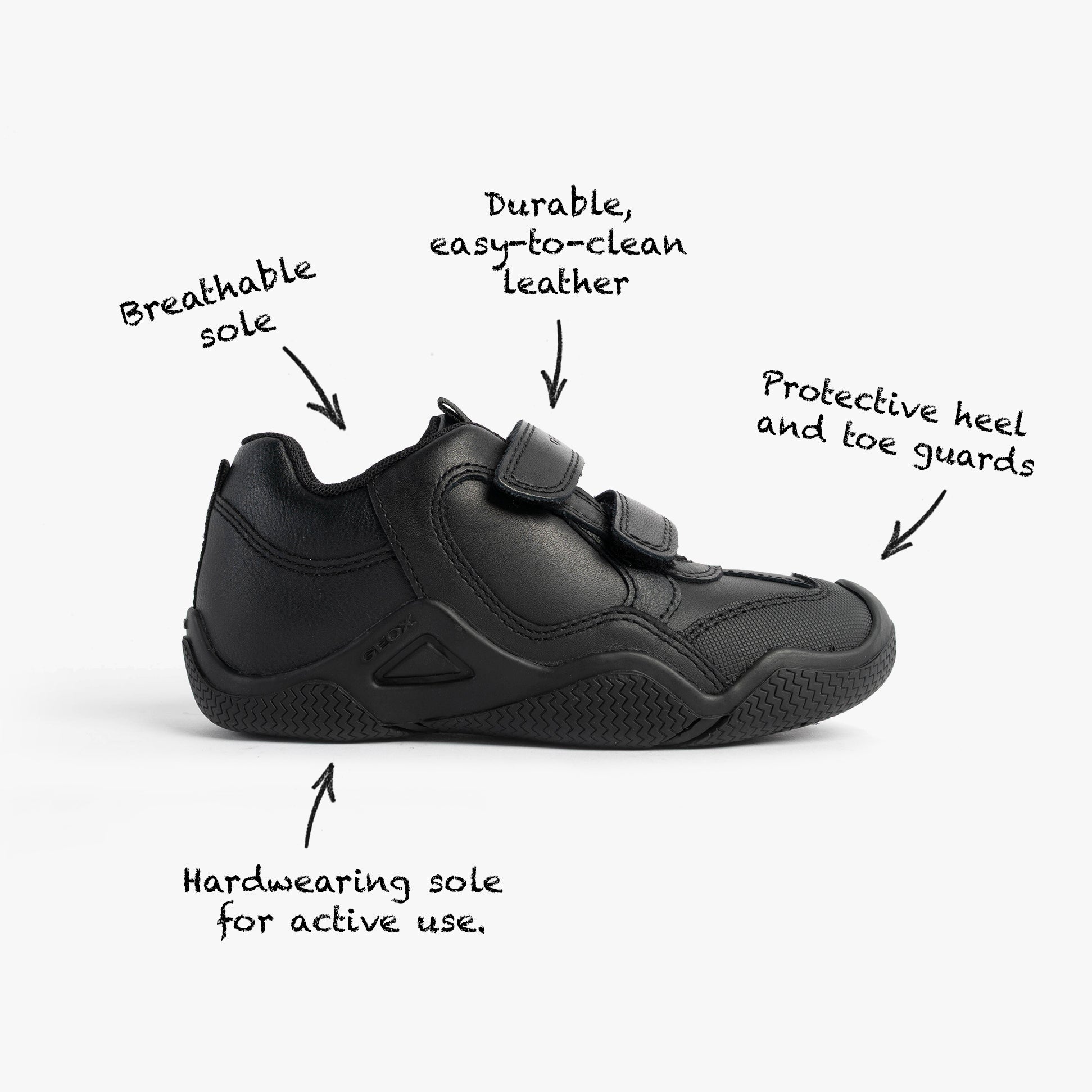 GEOX JR WADER Unisex Kids Black side view showing breathable sole, durable leather, protective guards, and hardwearing sole.