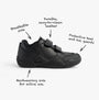 GEOX JR WADER Unisex Kids Black side view showing breathable sole, durable leather, protective guards, and hardwearing sole.