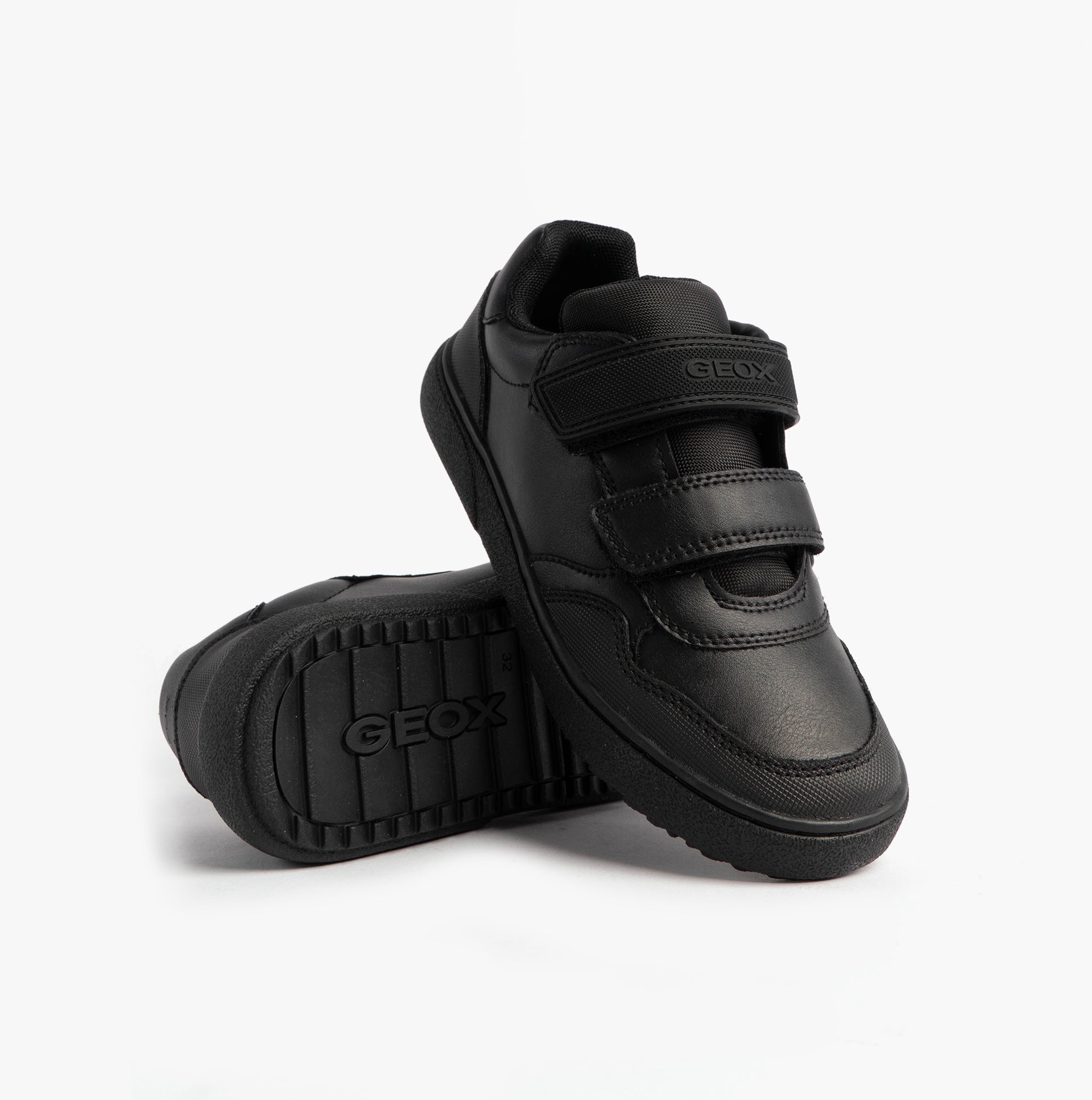 GEOX J THELEVEN BOY Unisex Kids Black shoes side view with touch fasten straps and rubber sole.