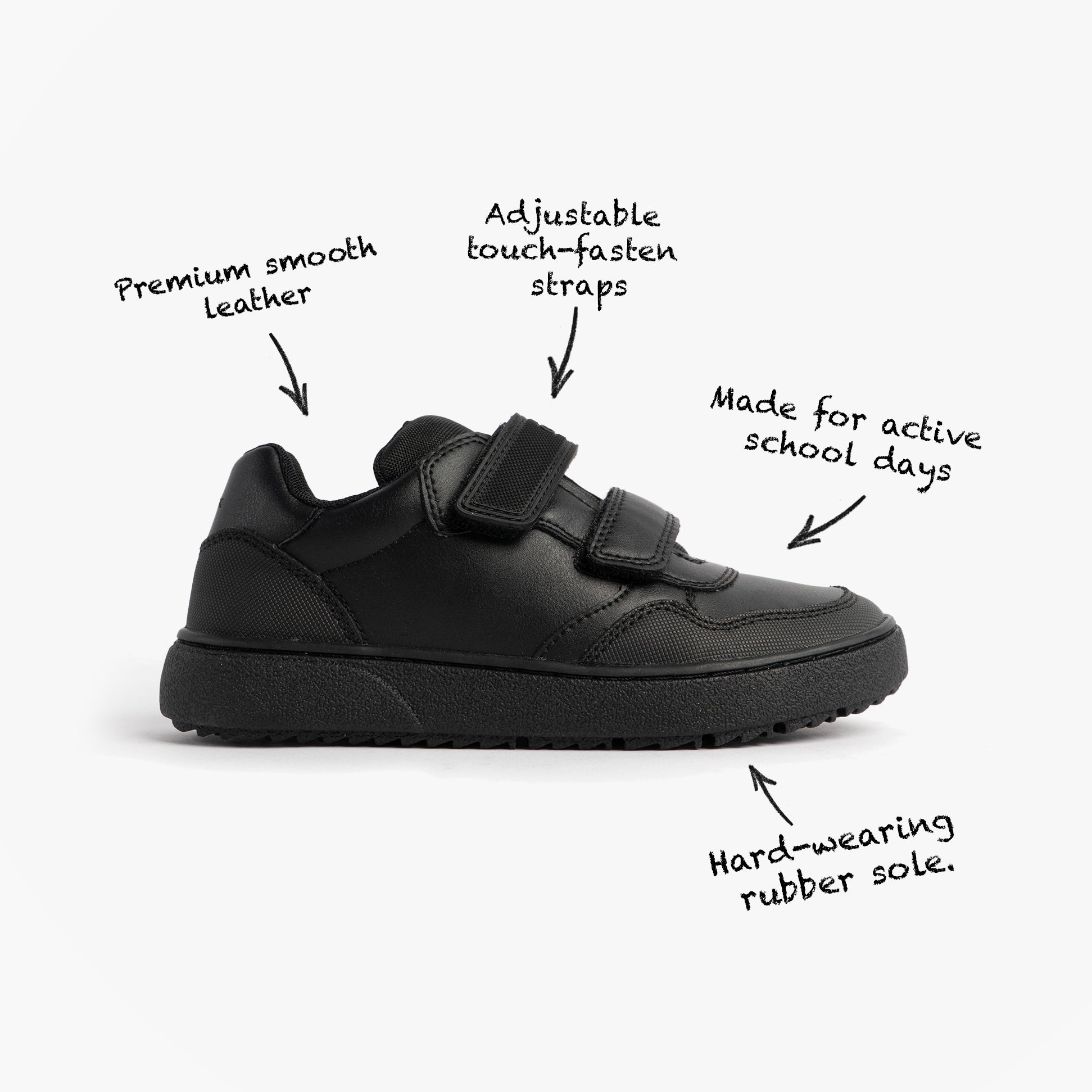 GEOX J THELEVEN BOY Unisex Kids Black side view of school shoes made of smooth leather with adjustable straps.