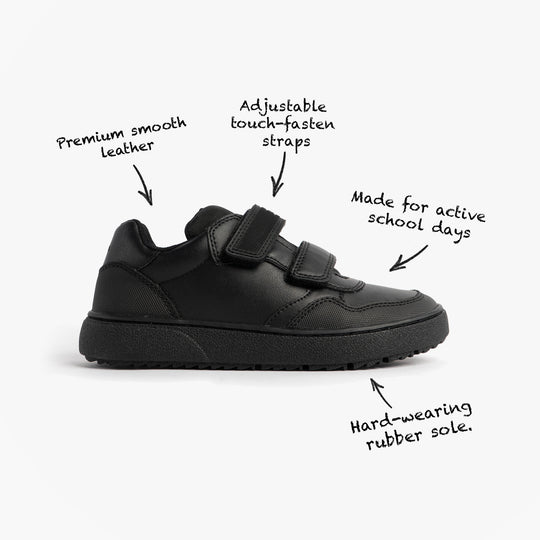 GEOX J THELEVEN BOY Unisex Kids Black side view of school shoes made of smooth leather with adjustable straps.
