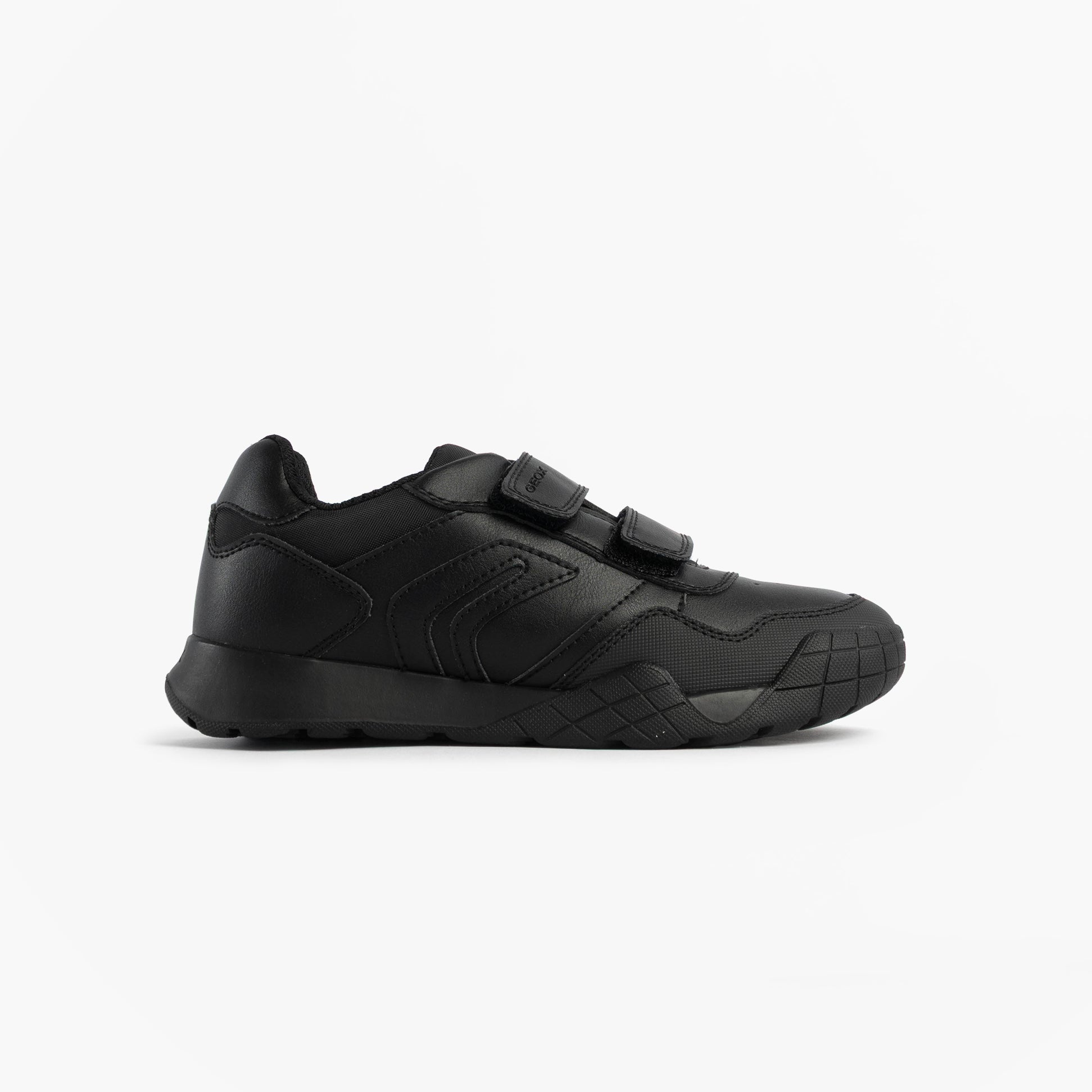 GEOX J RANN-E BOY Unisex Kids Touch Fasten Trainers Black side view with adjustable strap and low top design.