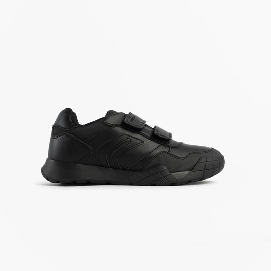 GEOX J RANN-E BOY Unisex Kids Touch Fasten Trainers Black side view with adjustable strap and low top design.