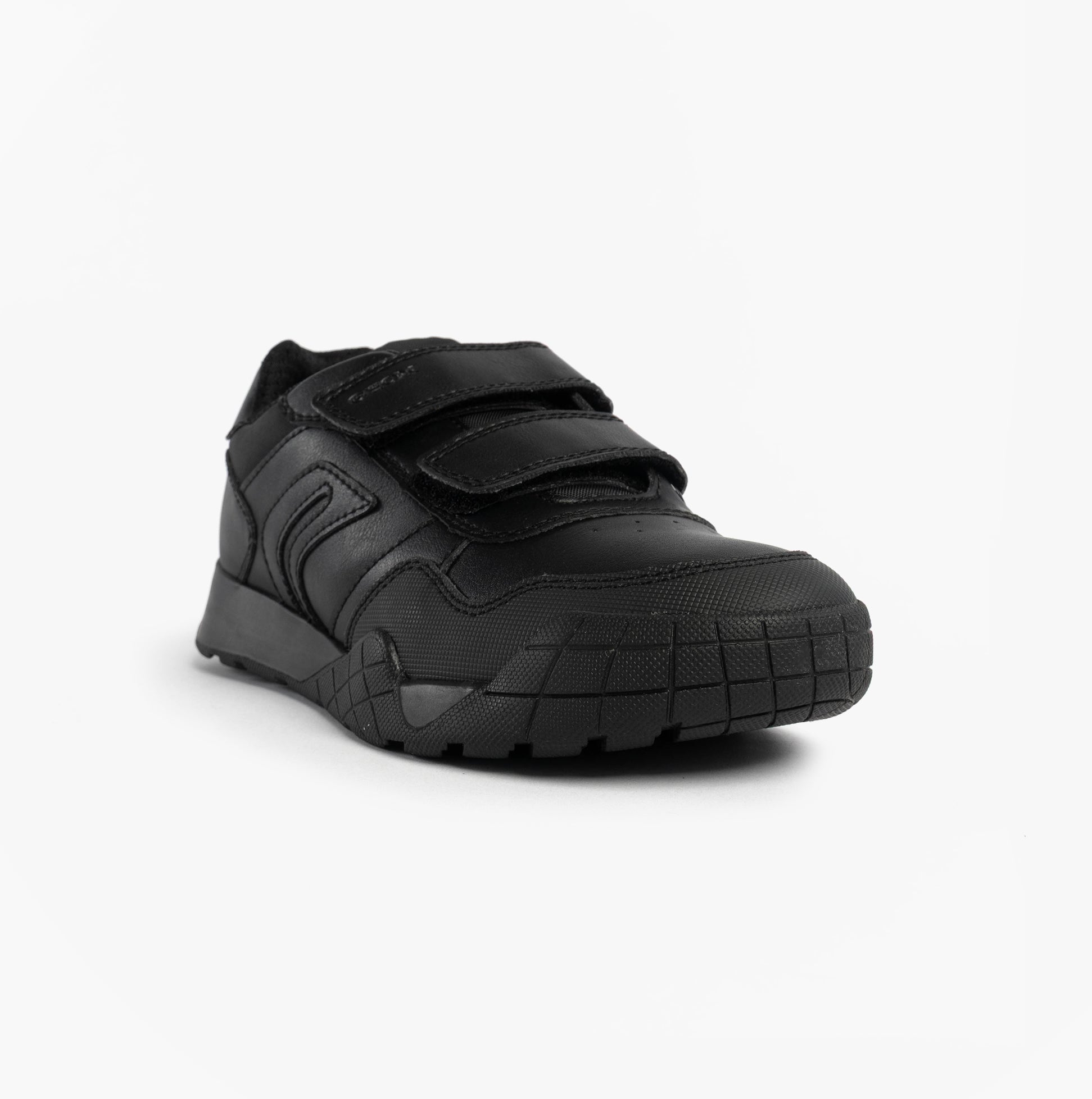 GEOX J RANN-E BOY Unisex Kids Touch Fasten Trainers Black side view showing touch fasten straps and rounded toe.