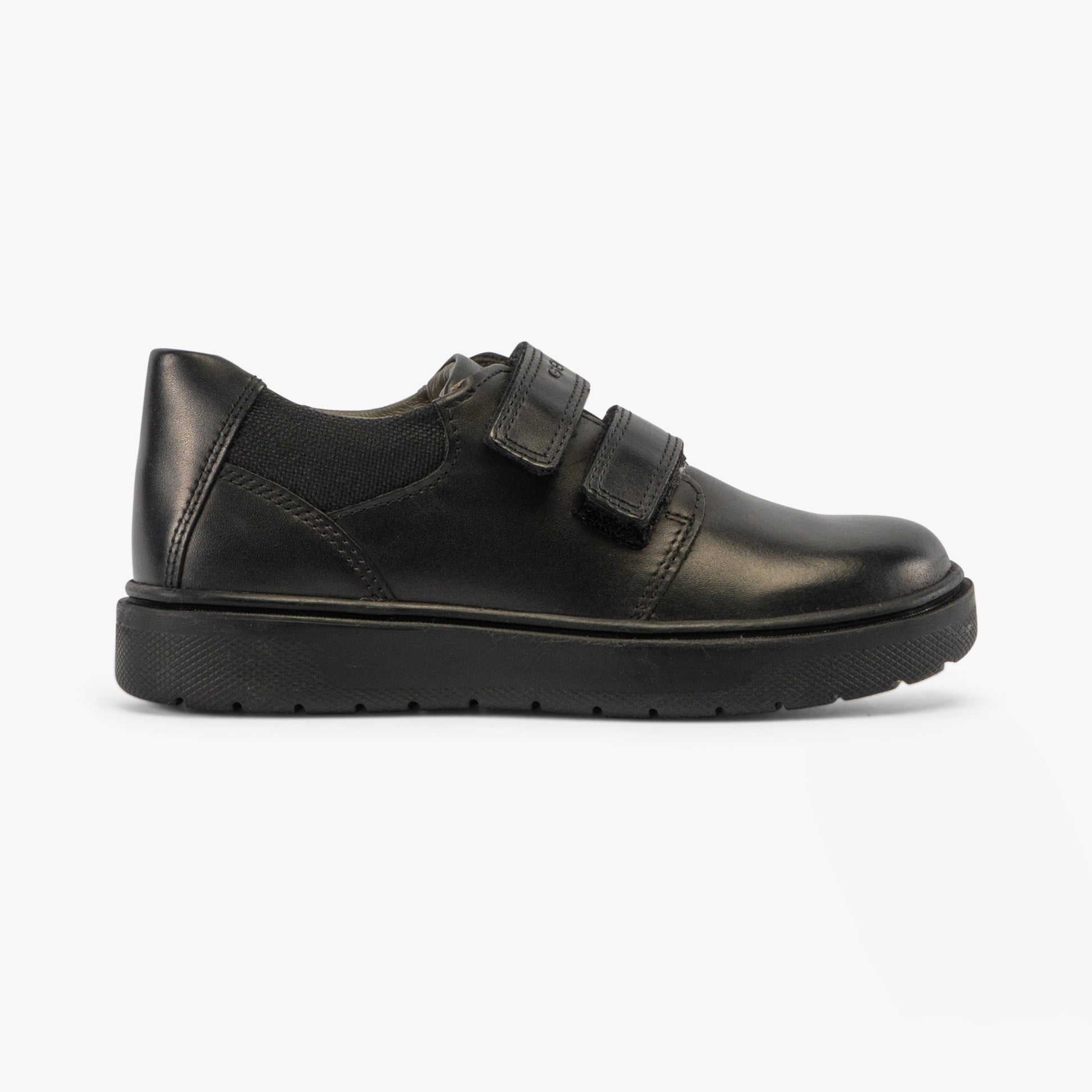 GEOX J RIDDOCK Boys Shoes Black side view showcasing leather and textile upper with touch fasten closure.