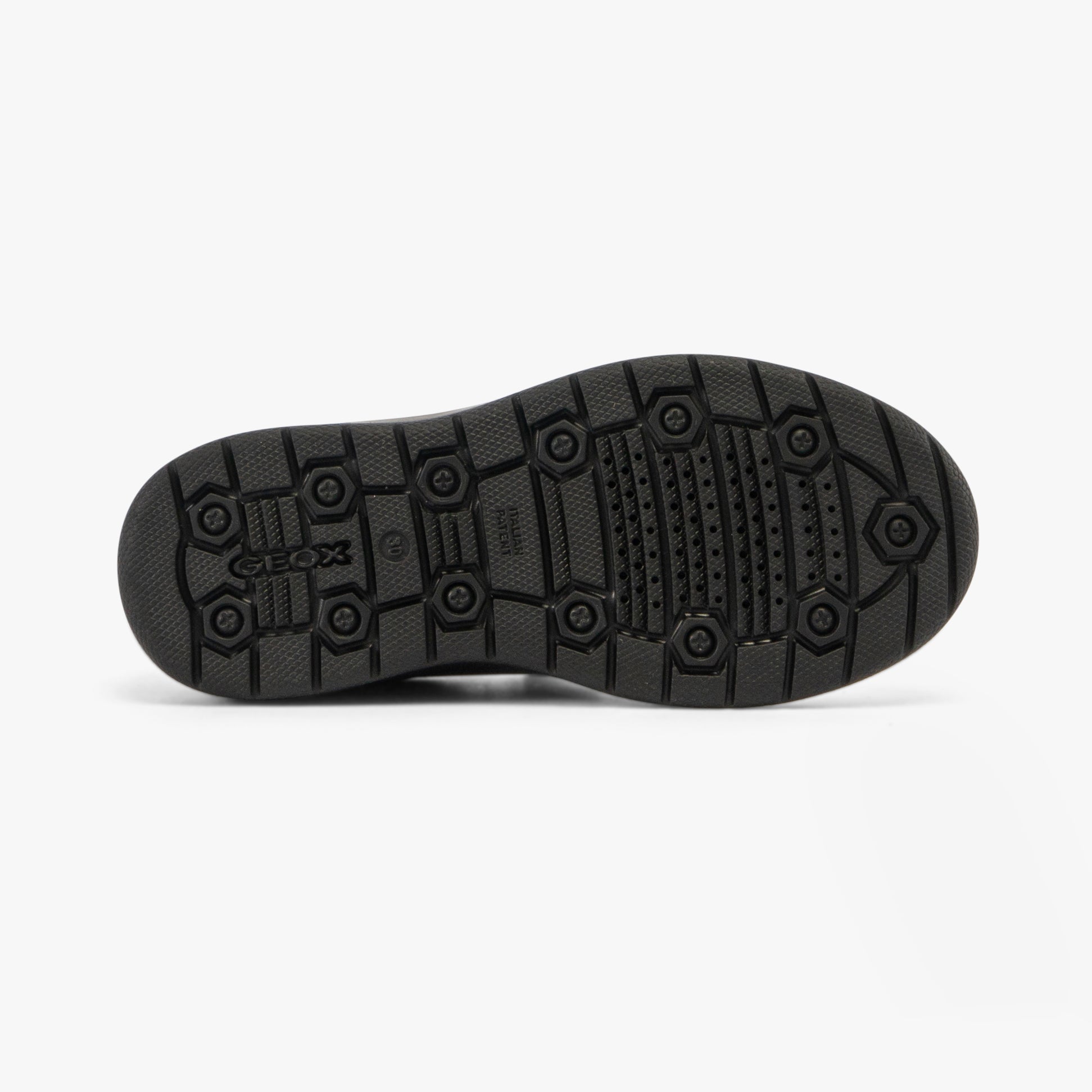 GEOX J RIDDOCK Boys Shoes Black bottom view, showcasing the rubber sole with detailed traction pattern.