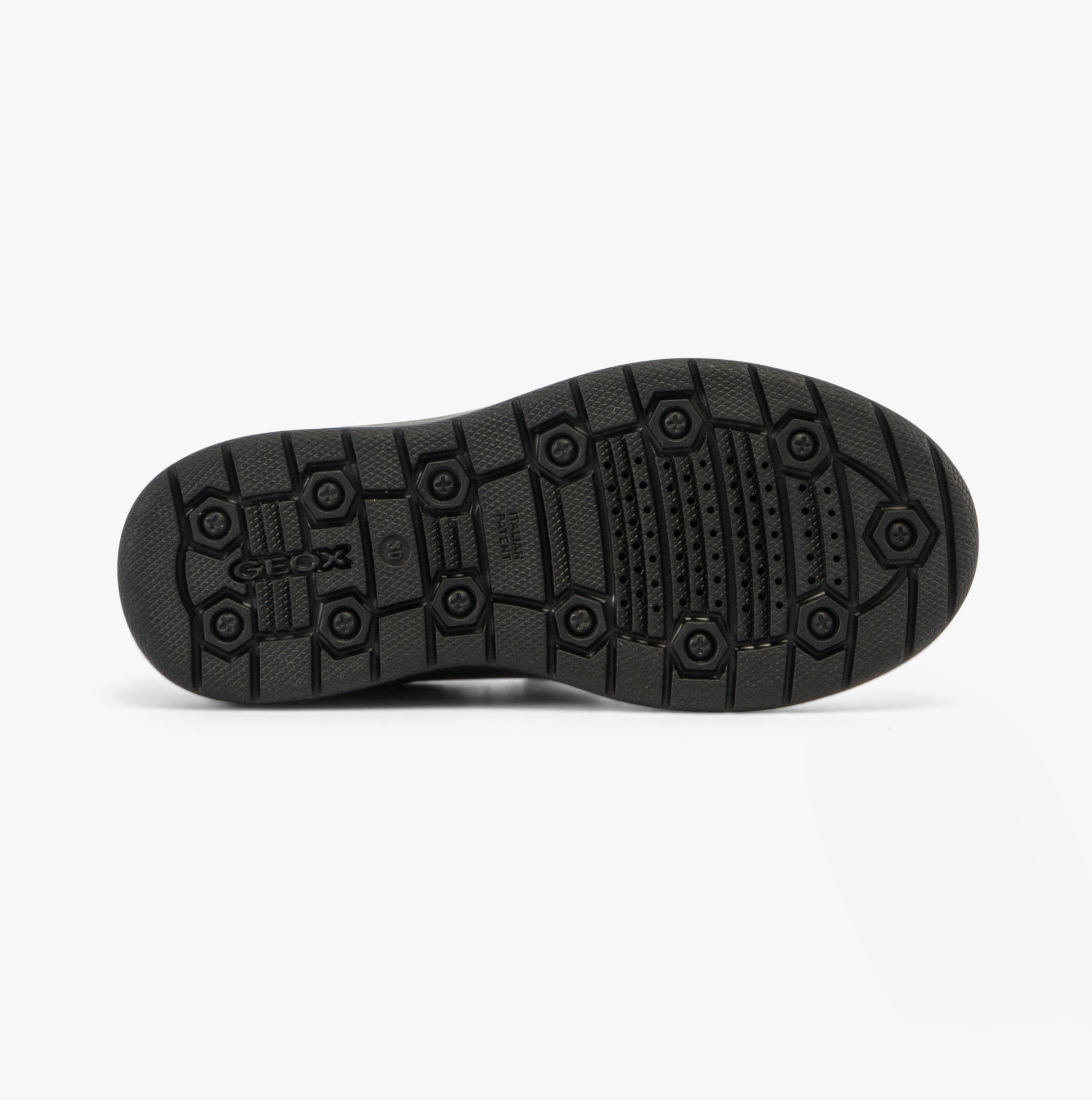 GEOX J RIDDOCK Boys Shoes Black bottom view, showcasing the rubber sole with detailed traction pattern.
