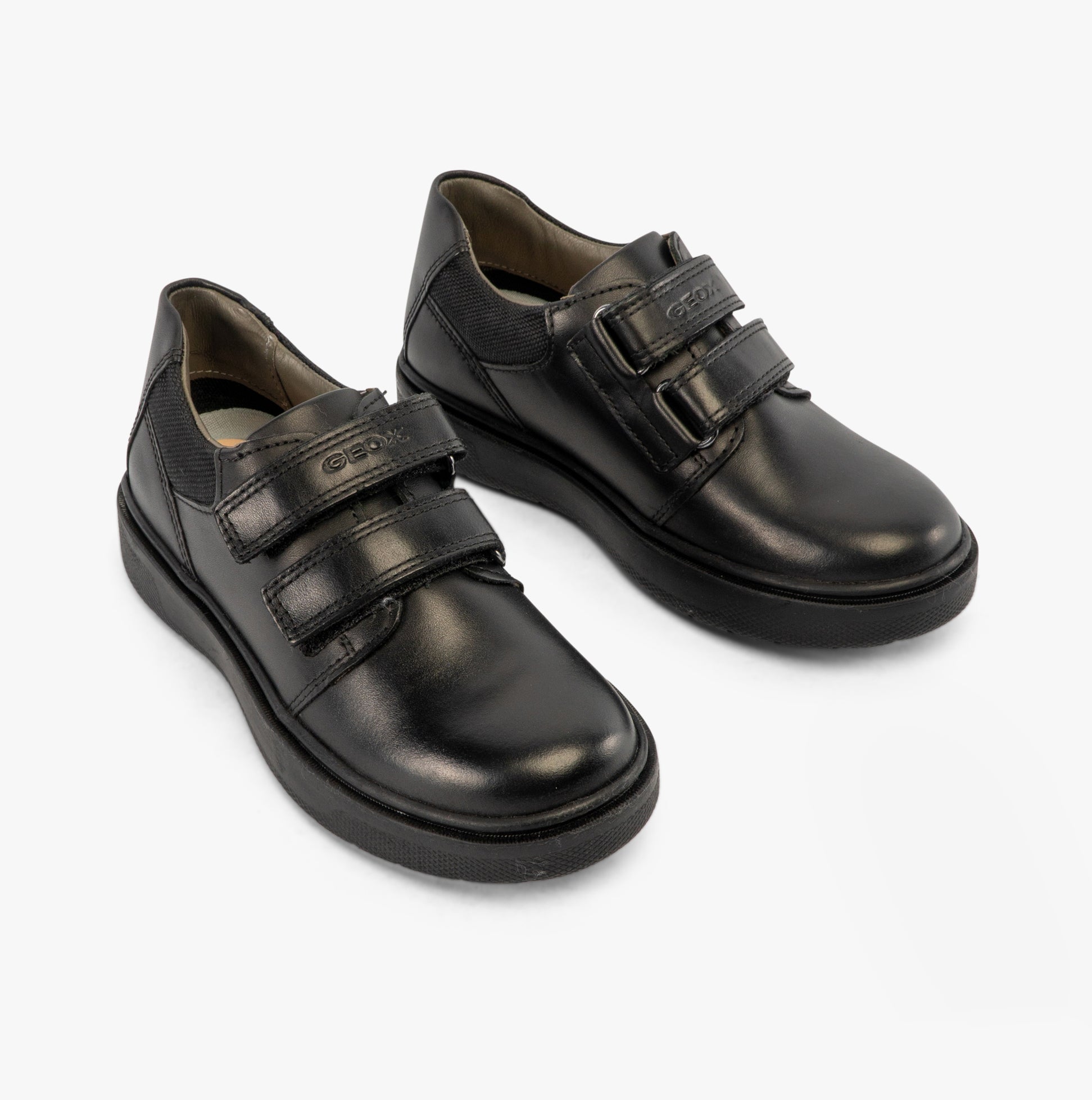 GEOX J RIDDOCK Boys Shoes Black, front view, leather and textile upper, touch fastening, comfortable school shoes.