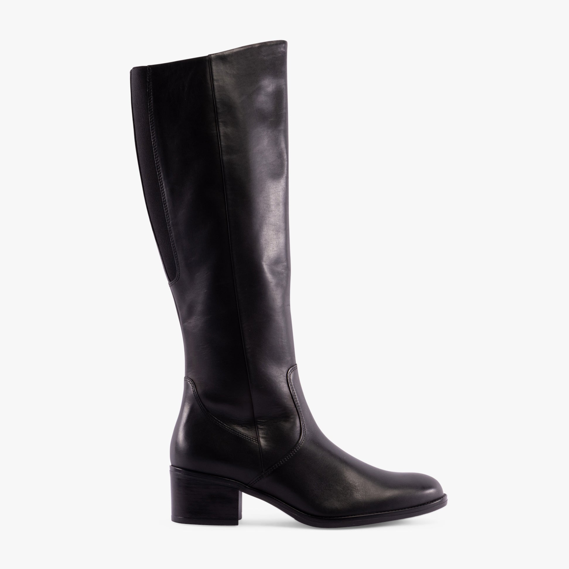 Gabor ISLA Womens Boots Black side view showing tall leather upper, mid-calf height and block heel.