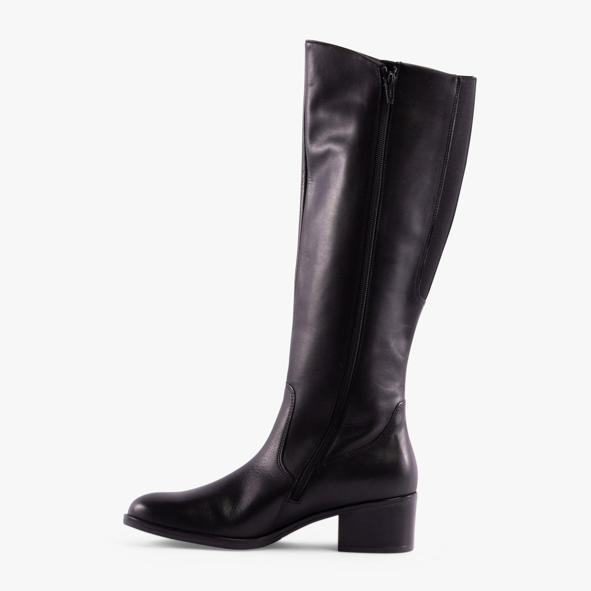 Gabor ISLA Womens Boots Black side view tall leather boots with block heel and zip closure.