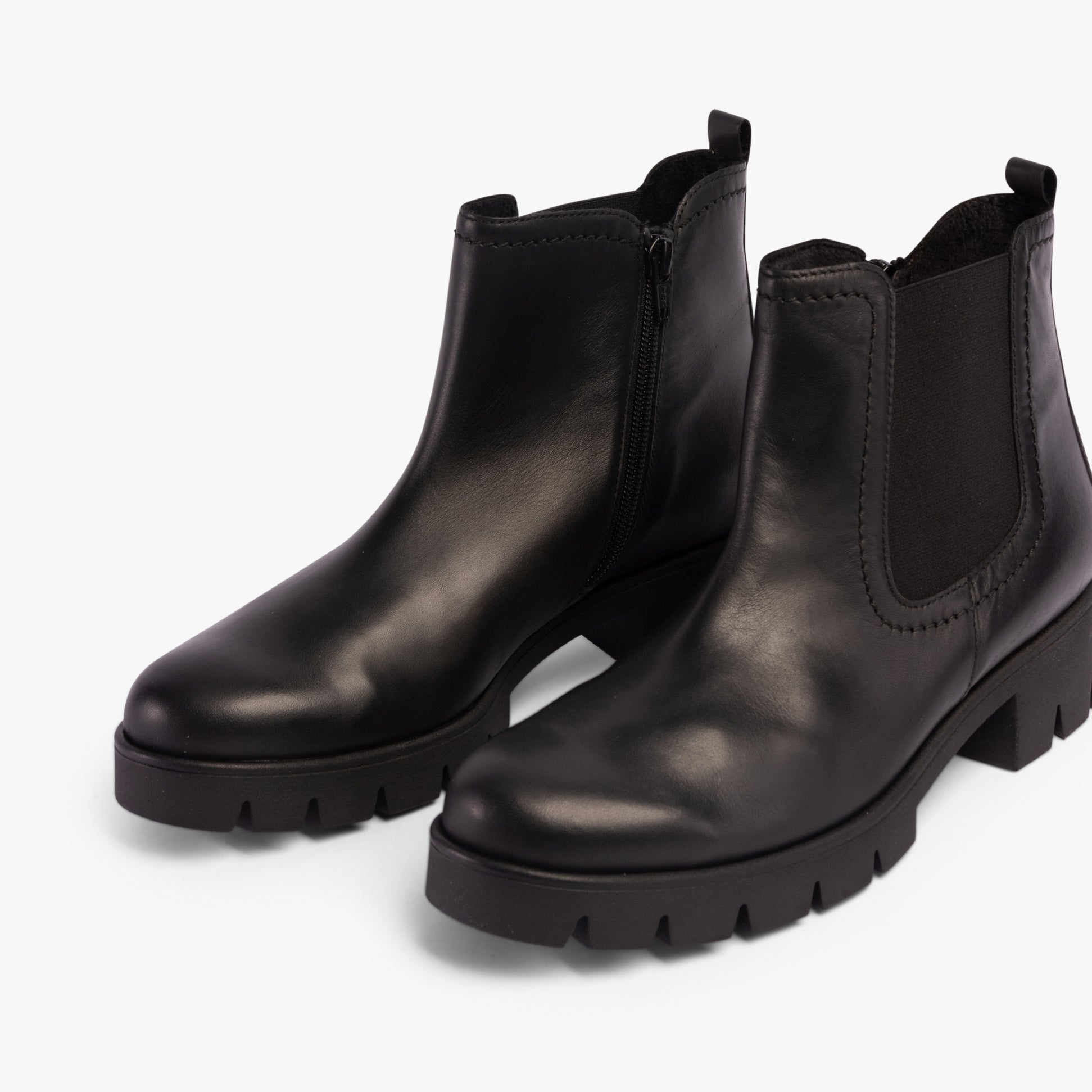 Gabor BODO Womens Boots Black side view showcasing leather upper, block heel and zip closure detail.