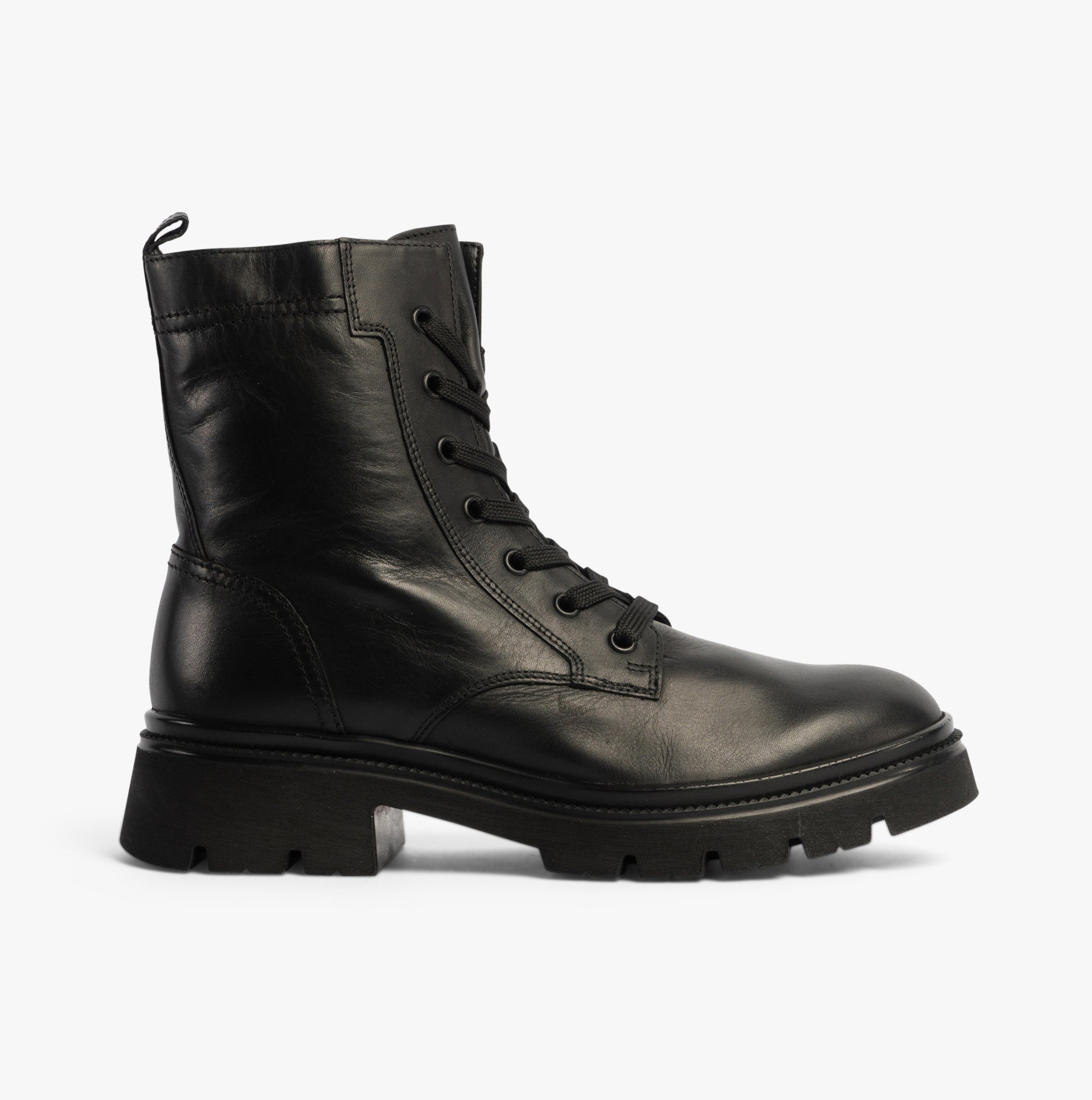 Gabor MERYL Womens Boots Black side view showing leather upper and lace-up design with block heel.