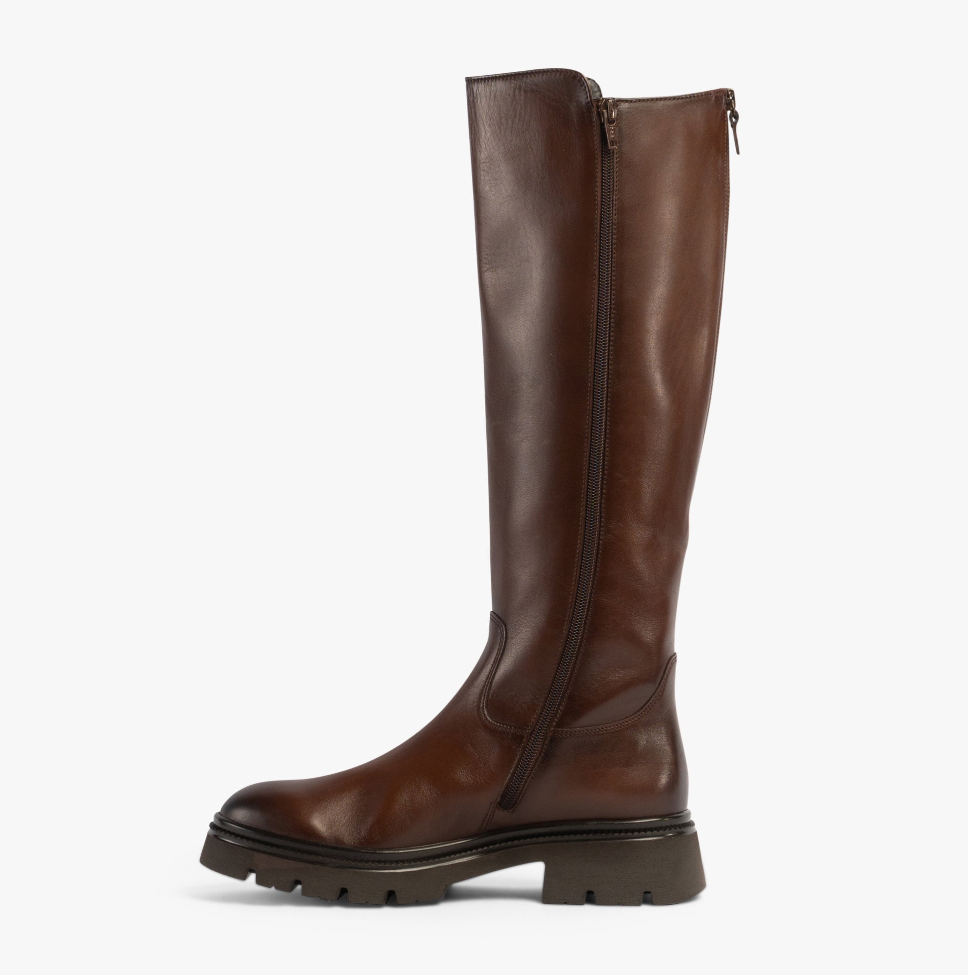 Gabor MATCH Womens Boots Brown side view showing tall leather design, zip closure, and block heel.