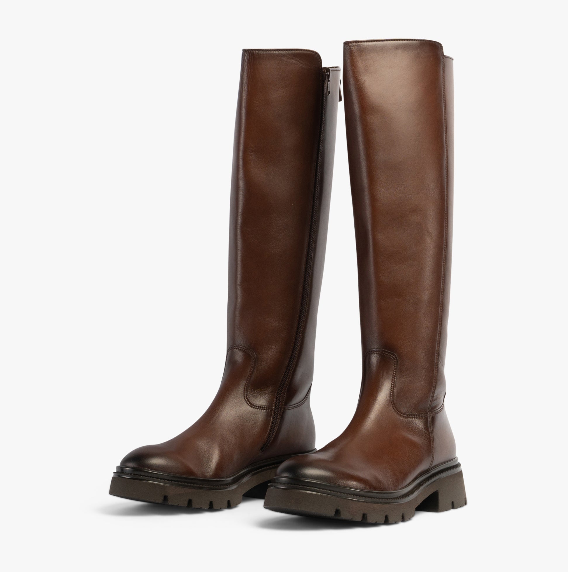 Gabor MATCH Womens Boots Brown, side view, tall leather knee-high boots with round toe and block heel.